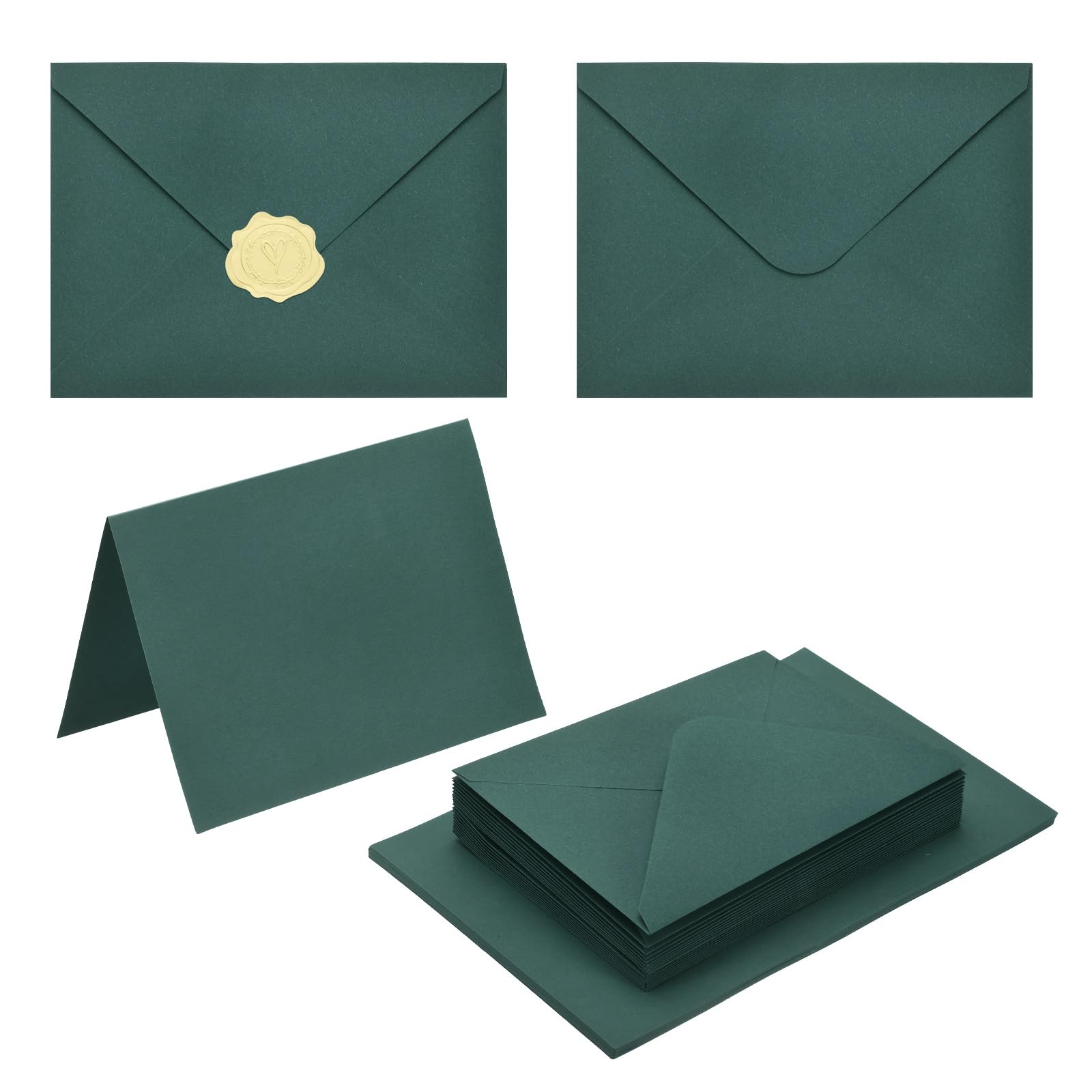 PATIKIL 50Pack Dark Green 4x6 Envelopes with Cards, V Flap A6 Envelopes with Cardstock & Gold Stickers for Greeting Cards Wedding Greeting Birthday Invitations Letter Mailing — image 1