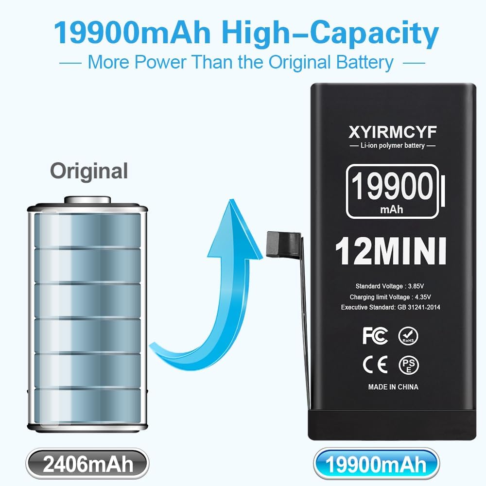 XYIRMCYF 19900mAh Super Capacity Battery Compatible with iPhone 12 Mini, 0 Cycle Li-Polymer Replacement Battery for iPhone 12 Mini with Professional Repair Tool Kit