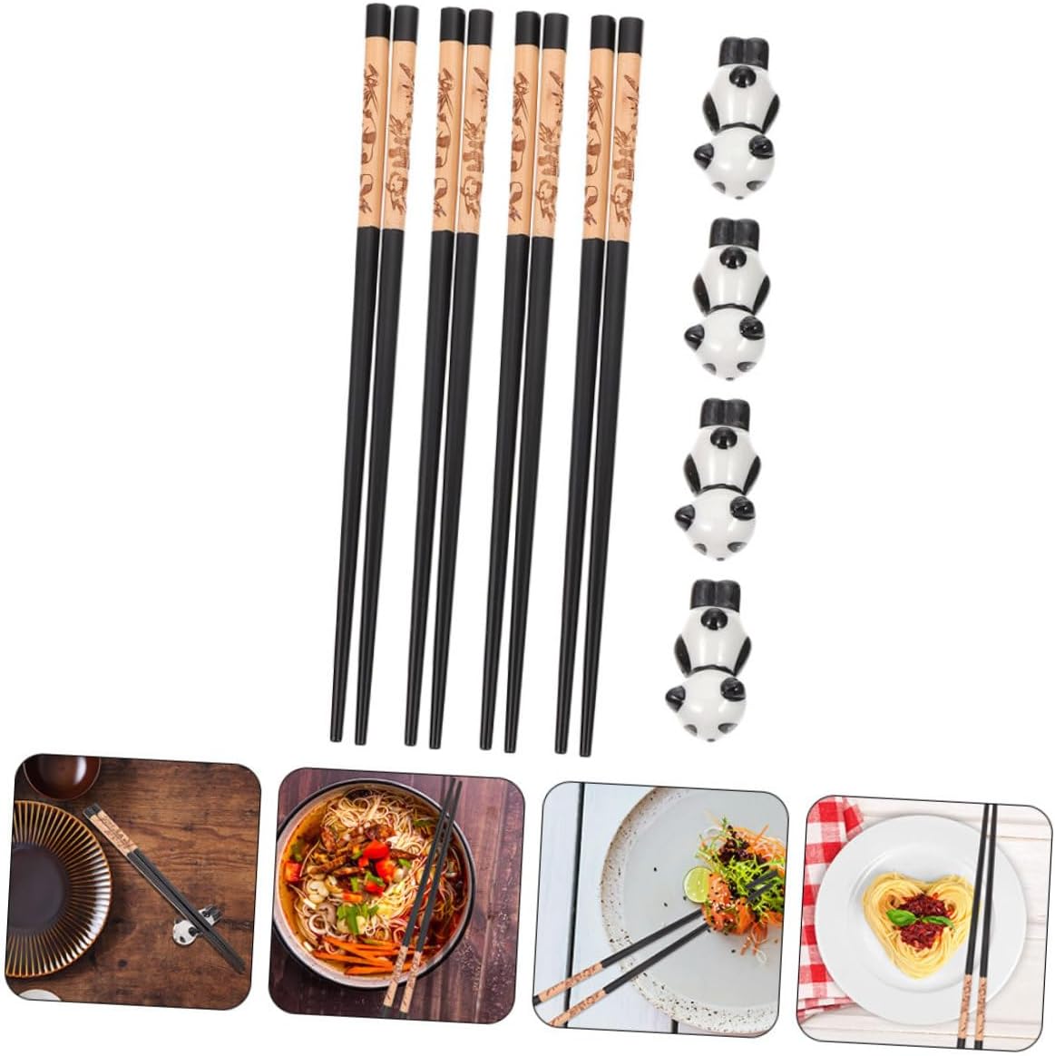 SUPVOX Panda Ceramic Chopstick Rest Set with 12 Reusable Chopsticks 3 Colors Heat-resistant Dishwasher Safe Home Tableware for Hot Pot Dining