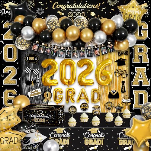 Image of Party Spot!125 PCS Black and Gold Graduation Party Decorations, 2026 Graduation Party Decorations, Class of 2026,Comgrats Grad Photo Banners, Tablecloth, Balloons, Cake Toppers