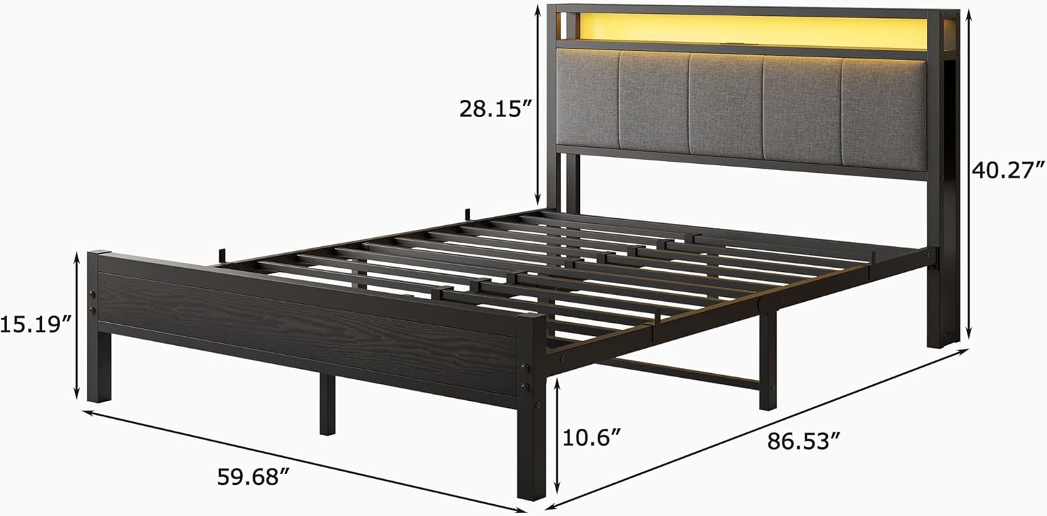 Queen Size Bed Frame with LED Lights and Charging Station, Heavy Duty Metal Bed with Fabric Storage Headboard,Solid and Stable, Metal Slats Support,Mattress Foundation (Black) - Image 2