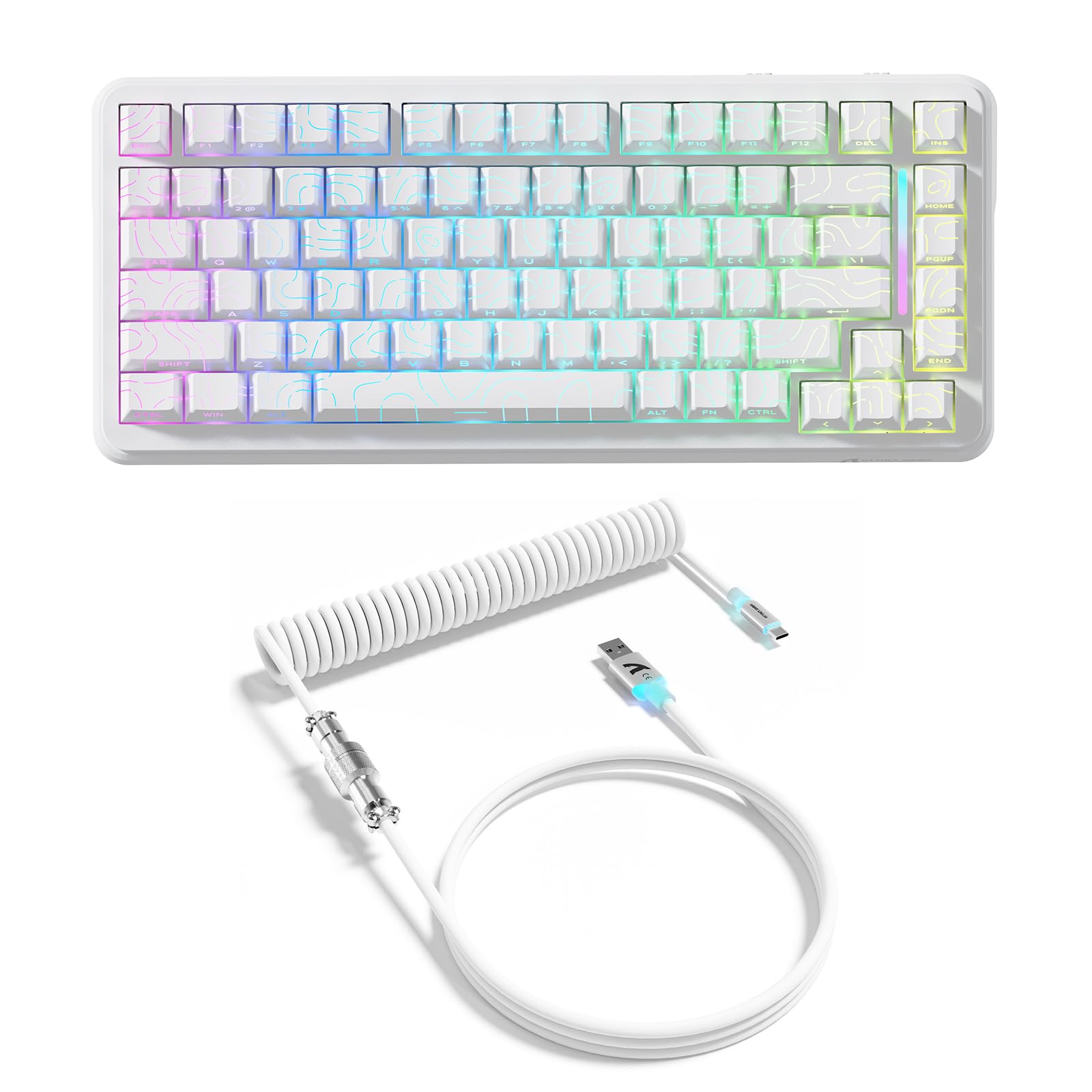 ATTACK SHARK X82PRO HE Clavier Magnétique Sans Fil 75 % avec Déclenchement Rapide, Clavier Gaming Filaire 8000, Switchs à Effet Hall à Actionnement Réglable, QWERTY, RGB, C01 Câble Spiralé RGB -Blanc