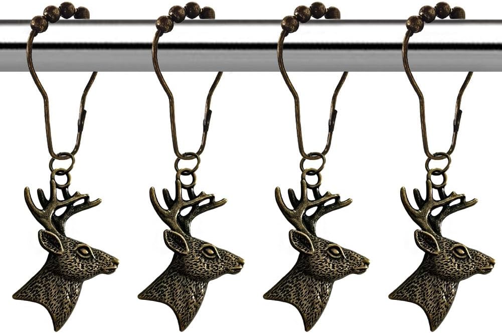 Deer Shower Curtain Hooks Set of 12 for Bathrooms, Rust-Proof Stainless Steel Curtain Rings Hangers, Decorative Vintage Shower Hooks for Forest Cabins Western Country Rustic Bathroom Decor (Bronze)