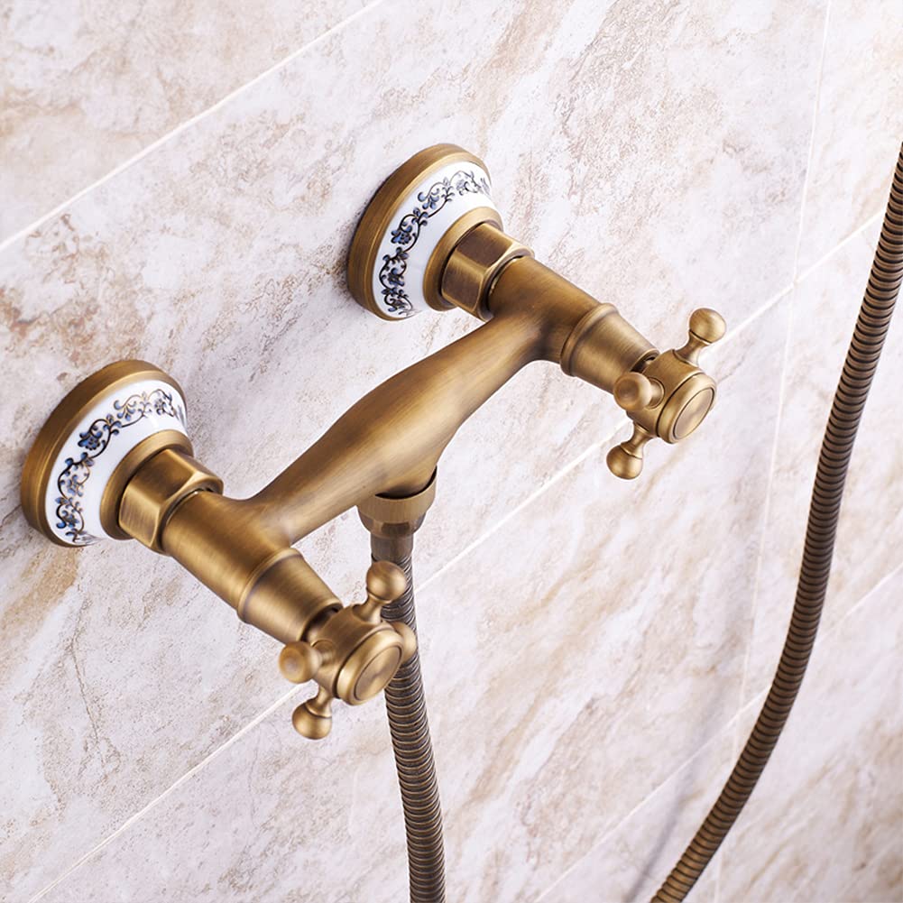 Grifo Bañera Con Alcachofa De Mano Mezclador De Bañera De Negro Latón Montaje En Pared, Incluye Soporte Y Manguera De 150 Cm, Dos Asas Grifo De Ducha, Antiguo