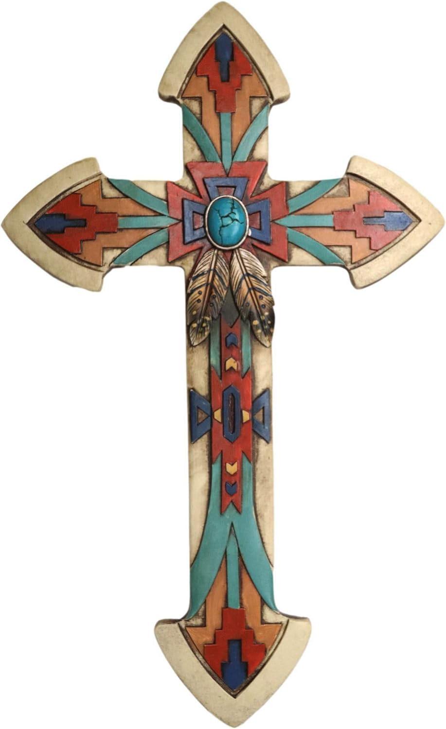 Ebros Gift Colorful Rustic Southwest Native Indian Navajo Vector Symbols With Feathers And Turquoise Rock Wall Cross Decor Plaque 14" H Tribal Southwestern Western Decorative Accent