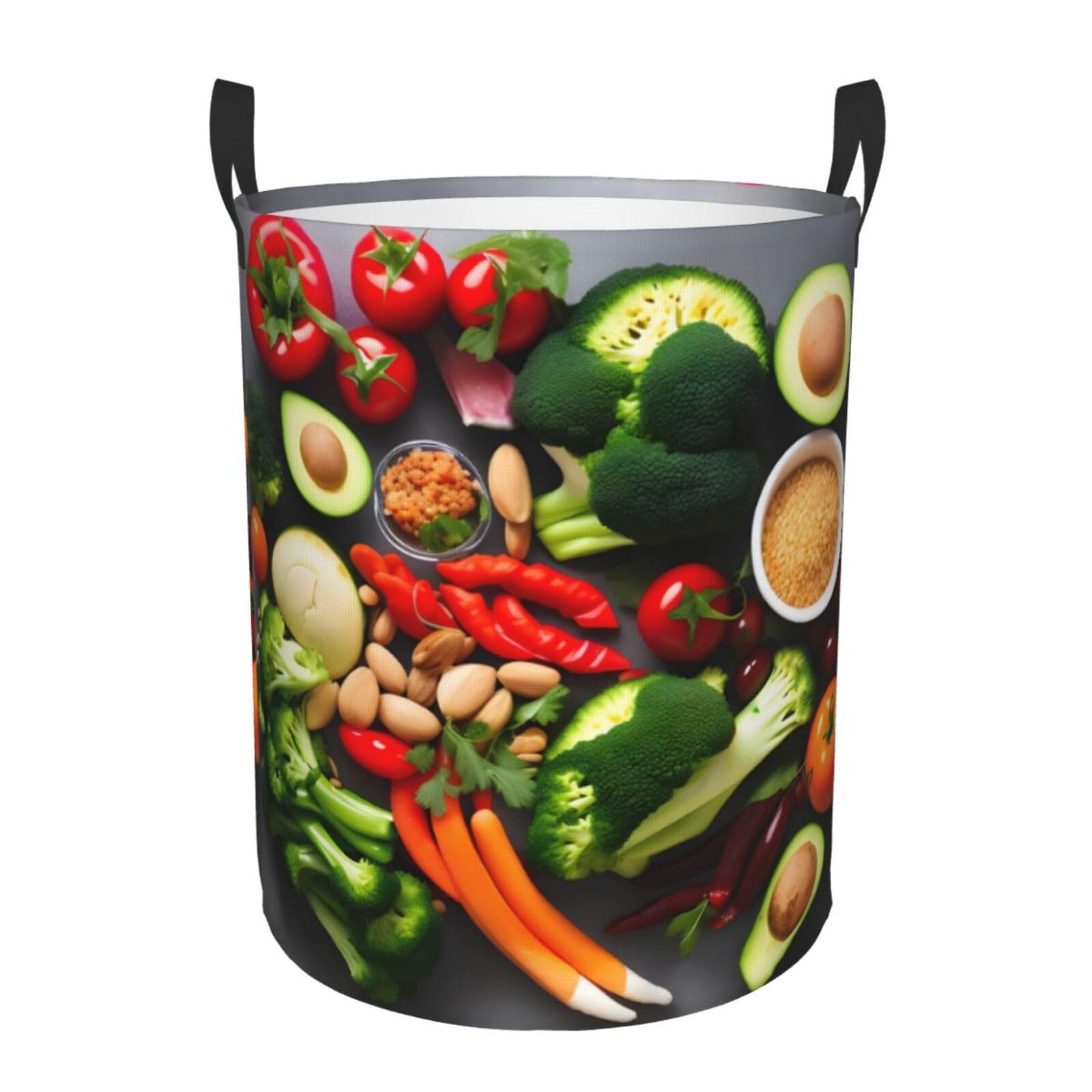 M Collapsible Laundry Hamper Round Healthy Food Print Storage