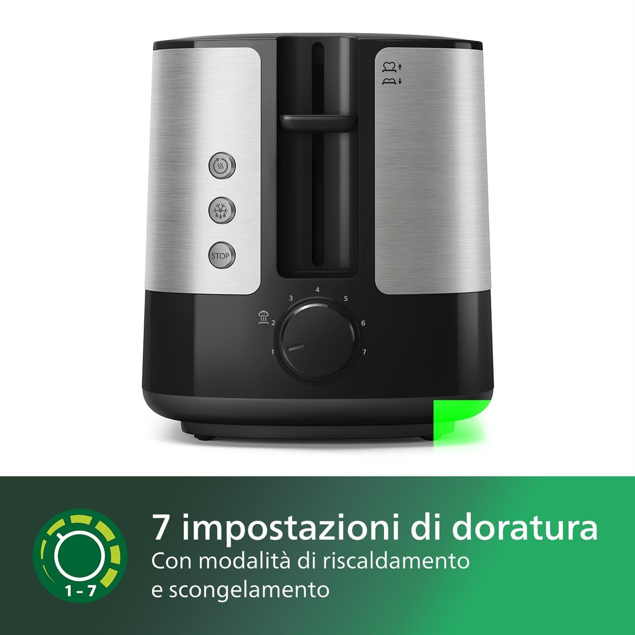 Philips Viva Collection Tostapane 2 Fette, 7 Impostazioni, 950W, Inox/Nero | Toaster con griglia scaldapanini, alloggiamenti ampi, scongelamento e vassoio raccoglibriciole rimovibile (HD2637/90)