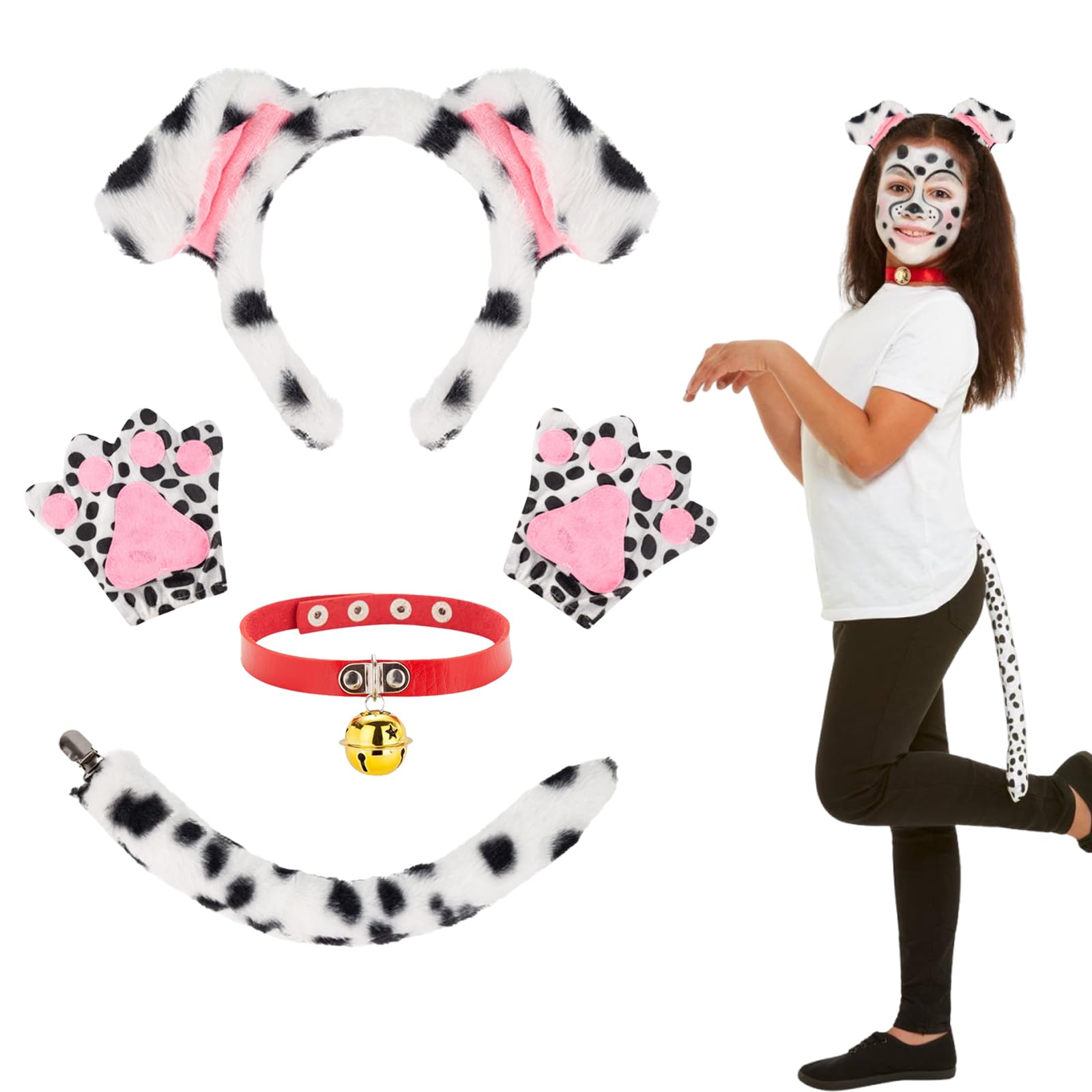 RenSton 4 Pcs Dalmatian Costume Adult, Dog Costume Dog Ears Headband, Tail, Gloves