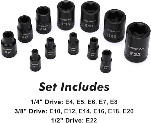 Vista 5 de CASOMAN Juego de 25 piezas de dados Torx y enchufes externos, 13 puntas de enchufe estrella (T8- T60) y 12 enchufes E-Torx hembra (E4-E22)