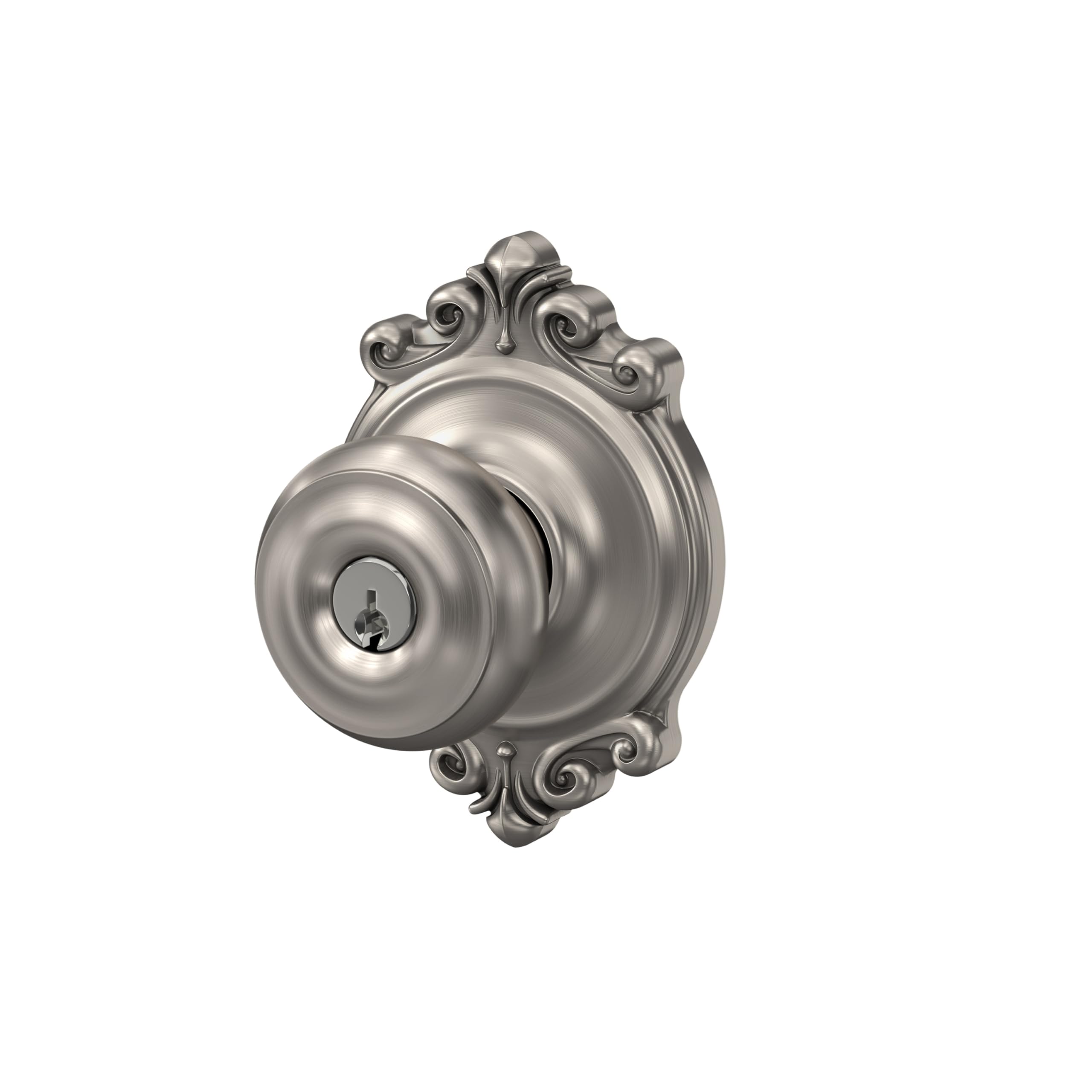 SCHLAGE F51A GEO 619 BRK - Pomo georgiano con cerradura de entrada con llave y moldura Brookshire, níquel satinado