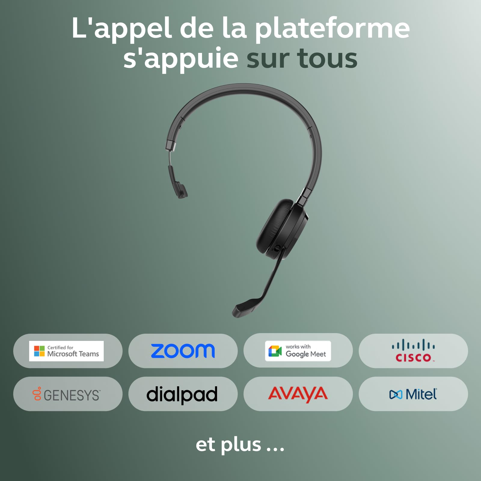 Jabra Evolve 65 Te (3e édition 2025) Micro-Casque Mono Bluetooth sans Fil, se connecte à 2 appareils, 16 h d’autonomie, Micro antibruit, Adaptateur USB-A, Fonctionne avec Les applis de réunion, Noir
