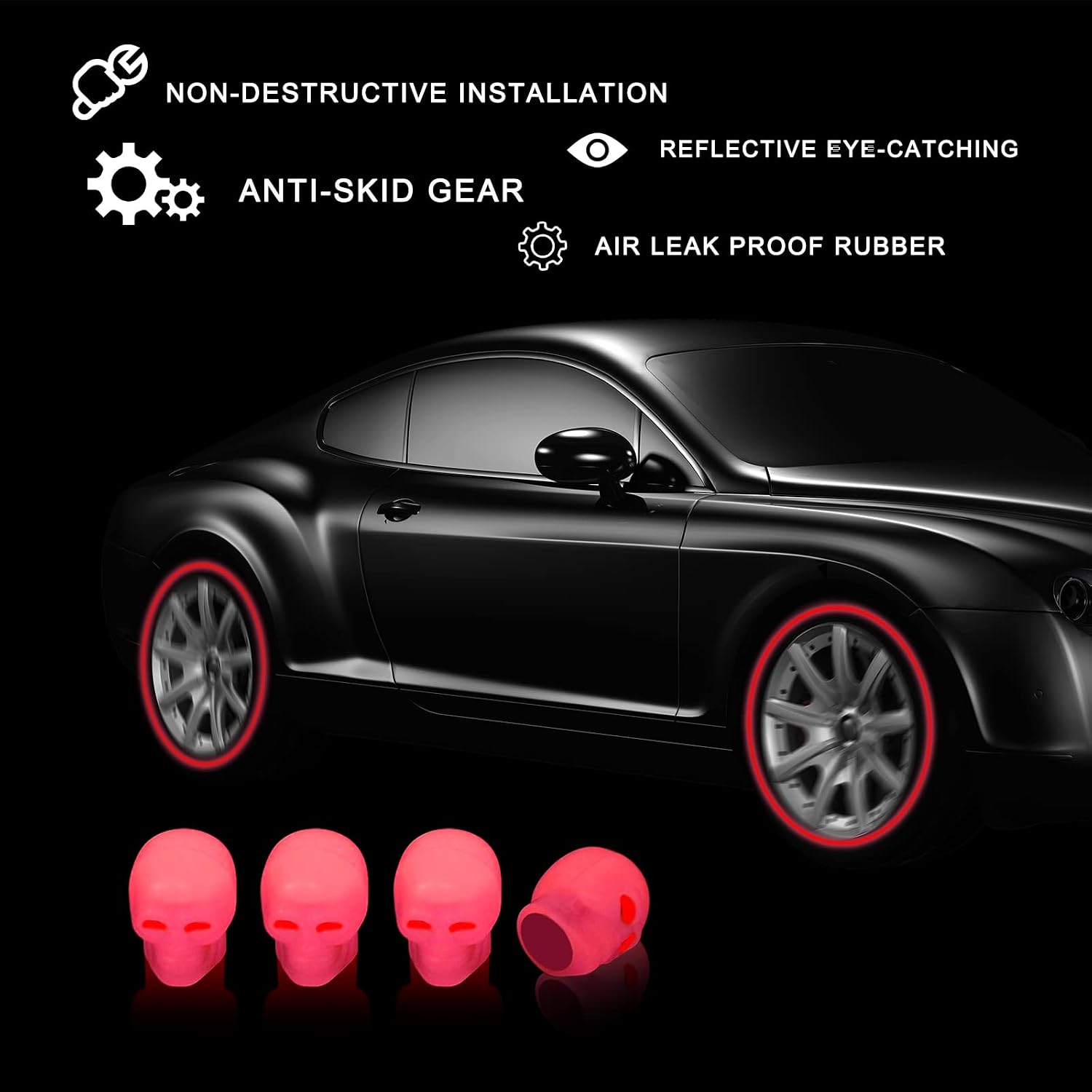 Miytsya 4 PCS Luminous Wheels Cap Tire Valve Stem, Glow Luminous at Night, Air Caps Cover Fluorescent, Illuminated Auto Car Wheel Valve Stem Caps Cover for Car, SUV, Truck (Red #Skull)