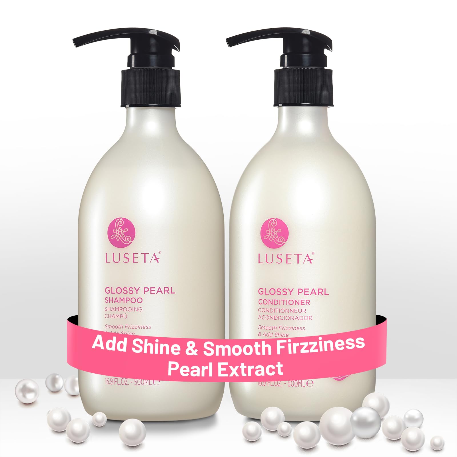 Luseta Glossy Pearl Shampoo and Conditioner Set Smooth & Moisturize, Fight Frizziness and Add Shine,Hydrating for Damaged Hair, Detangle,Nourish Strands,Paraben Free, Sulfate Free,16.9oz