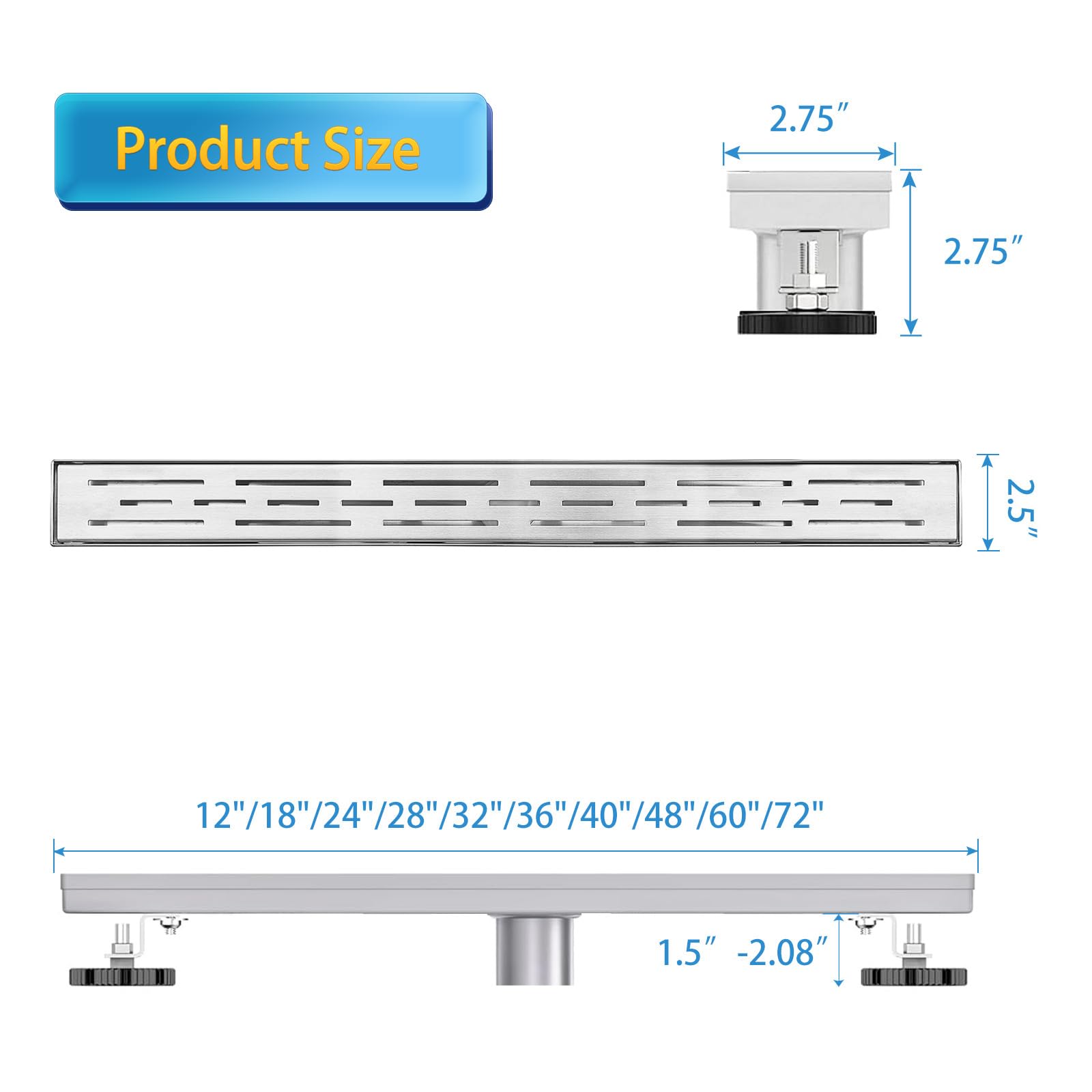 Liniowy odpływ prysznicowy, odpływ prysznicowy 122 cm z kratką ze wzorem pręta, trwały odpływ prysznicowy ze stali nierdzewnej AISI 304, odpływ liniowy z sitkiem do włosów i nóżkami poziomującymi