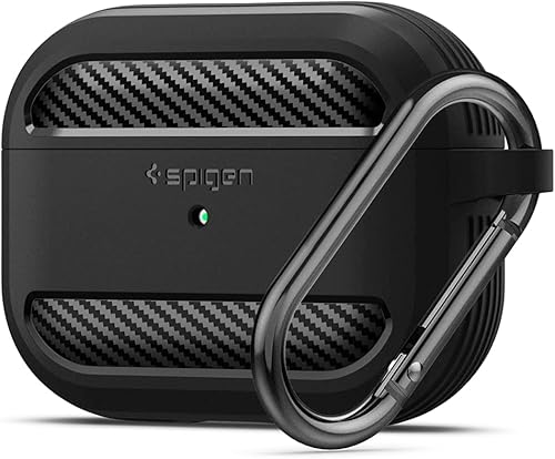 Spigen Rugged Armor - Funda de protección contra caídas (2019) diseñada para AirPods Pro con mosquetón, color negro mate Mate negro,Carbón