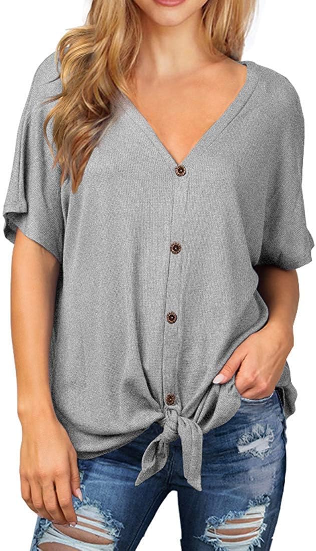 SouqFone Women Waffle Knit Tunic Tops Front Tie Knot Button Down Plain Blouse