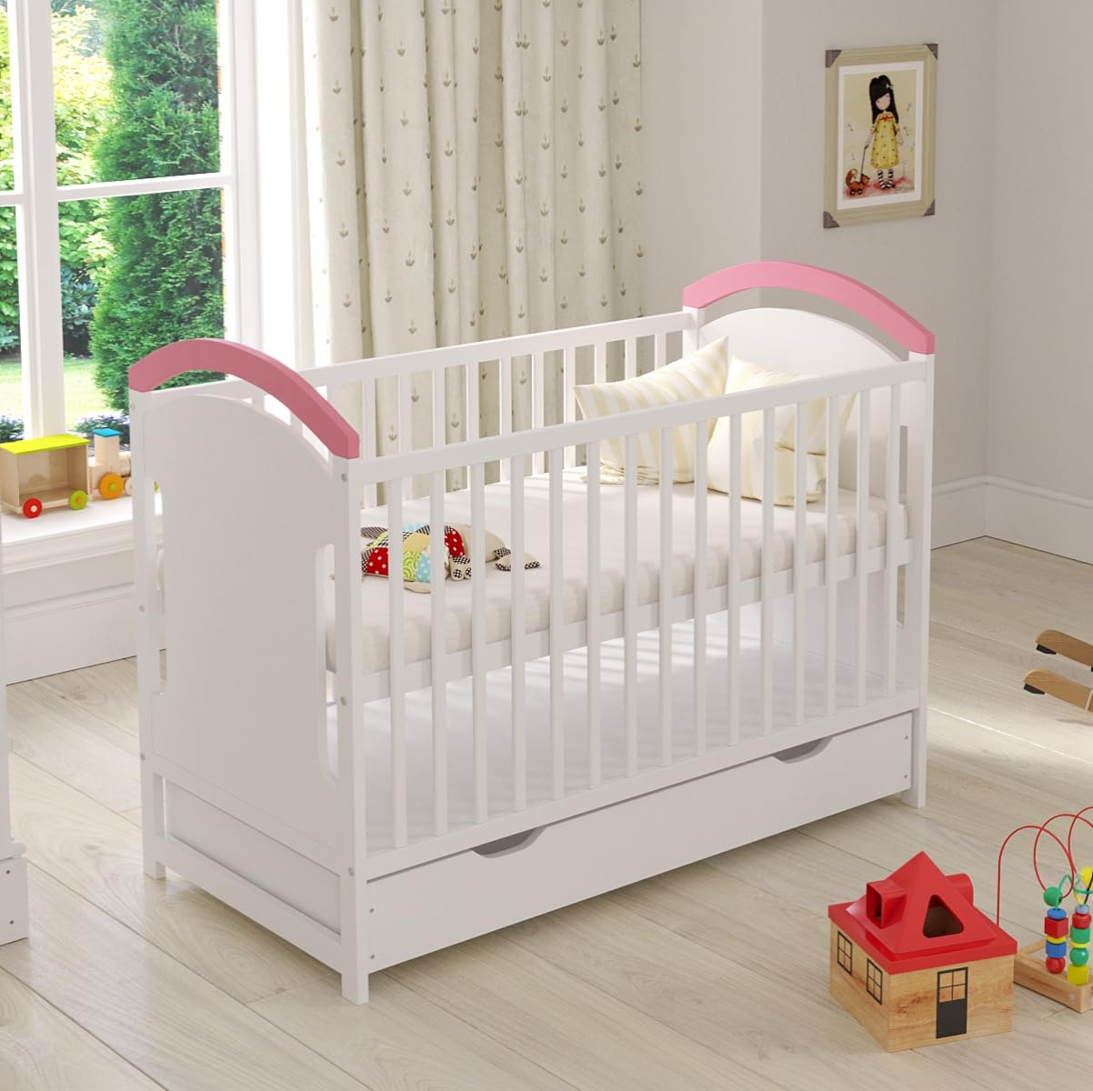 Love For Sleep Lettino Culla Neonato 120x60 cm in Legno di Pino Blu Rosa – Lettino Trasformabile con Barriera di Sicurezza e Protezioni Morbide per Dentizione, per Bambini 0-3 Anni