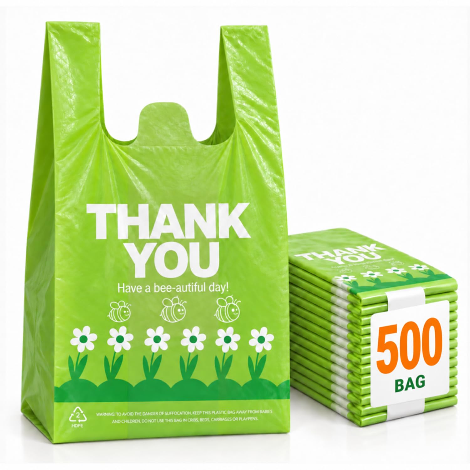 YoYoRain 500 Count Green T-Shirt Bags, Bee &amp; Flower Print, 11 x 6 x 21 in