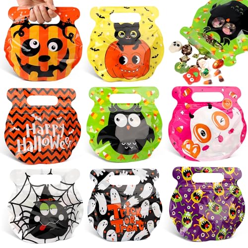 POPGIFTU Halloween Goodie Bags Bulk 56 Pcs, Plastic Treat Bags with Zipper Closure & Handles, 8 Designs Resealable Candy Pouches for Trick or Treat, Party Favors, Classroom Halloween Supplies