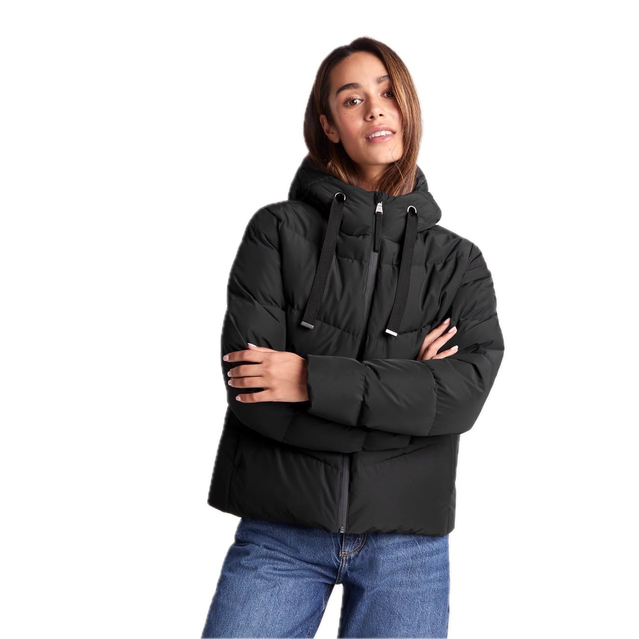 Tog24 Women's Black Raleigh Luxe Short Down Coat Light Rain Wind Resistant Hood