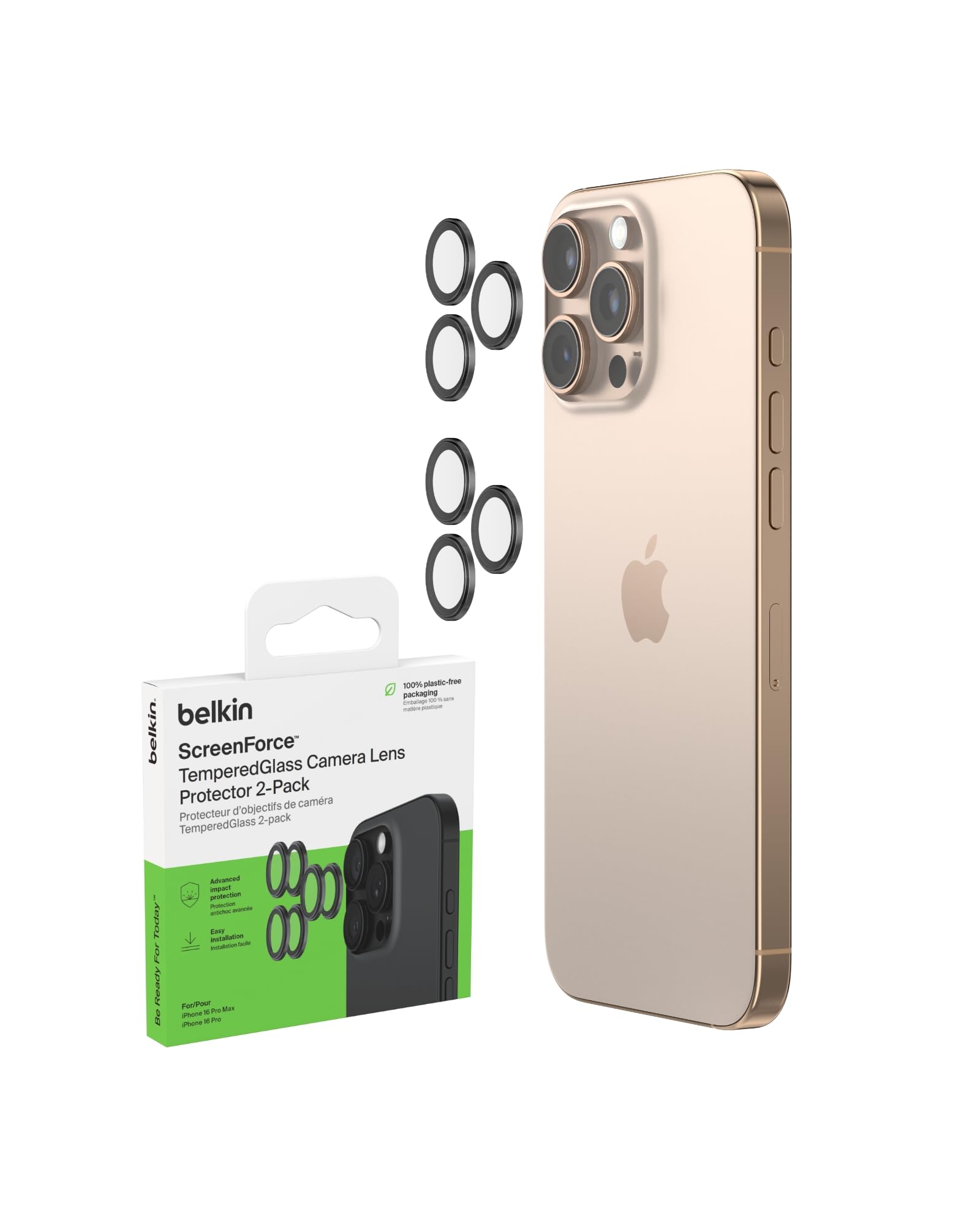 Belkin ScreenForce TemperedGlass Camera Lens Protector for Apple iPhone 17 Pro, 17 Pro Max, 16 Pro, 16 Pro Max - Case-Compatible Tempered Glass Lens Cover, Apple iPhone Accessories - 2-pack