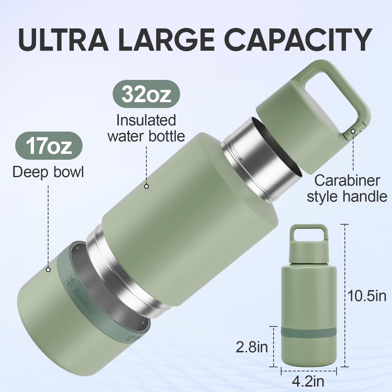 KEWIXY Insulated Dog Water Bottle with Travel Bowl, Dog Lover Gift, Portable Water Bottle Dispenser, Accessories for Car, Hiking, Camping, Outdoor, Leak-Proof, Detachable (Sage Green)