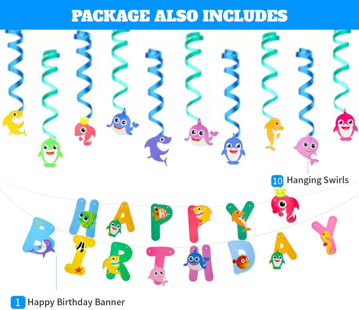 Shark Birthday Decorations, Ocean Theme Party Supplies for 16 Guests, Party Plates and Napkins Set, Tableware, Hanging Swirls, Balloons, Banner, 198pcs - Image 5