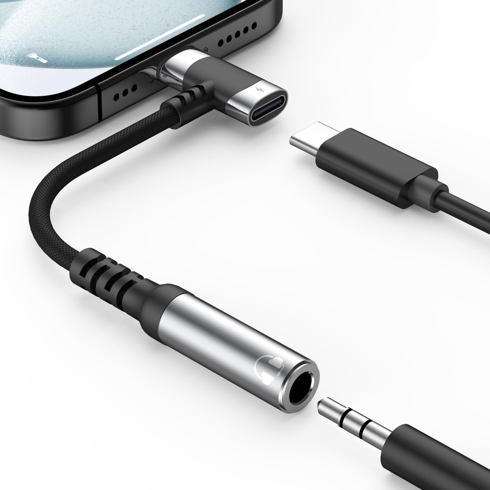 Headphone Adapter for iPhone 15 Pro Max, USB Type C to Aux Audio Jack Adapter with PD 60W Fast Charging Nylon Braided Cable Dongle for iPhone 15/15 Plus/15 Pro/15 Pro Max, iPad Pro, Galaxy S24/S23/S22