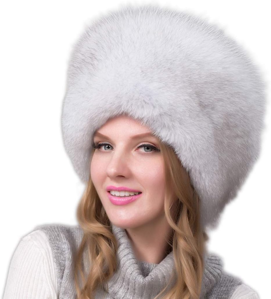 UMREN Women's Winter Warm Real Fox Fur Hat Cossack Russian Style Hat Caps with Stretch