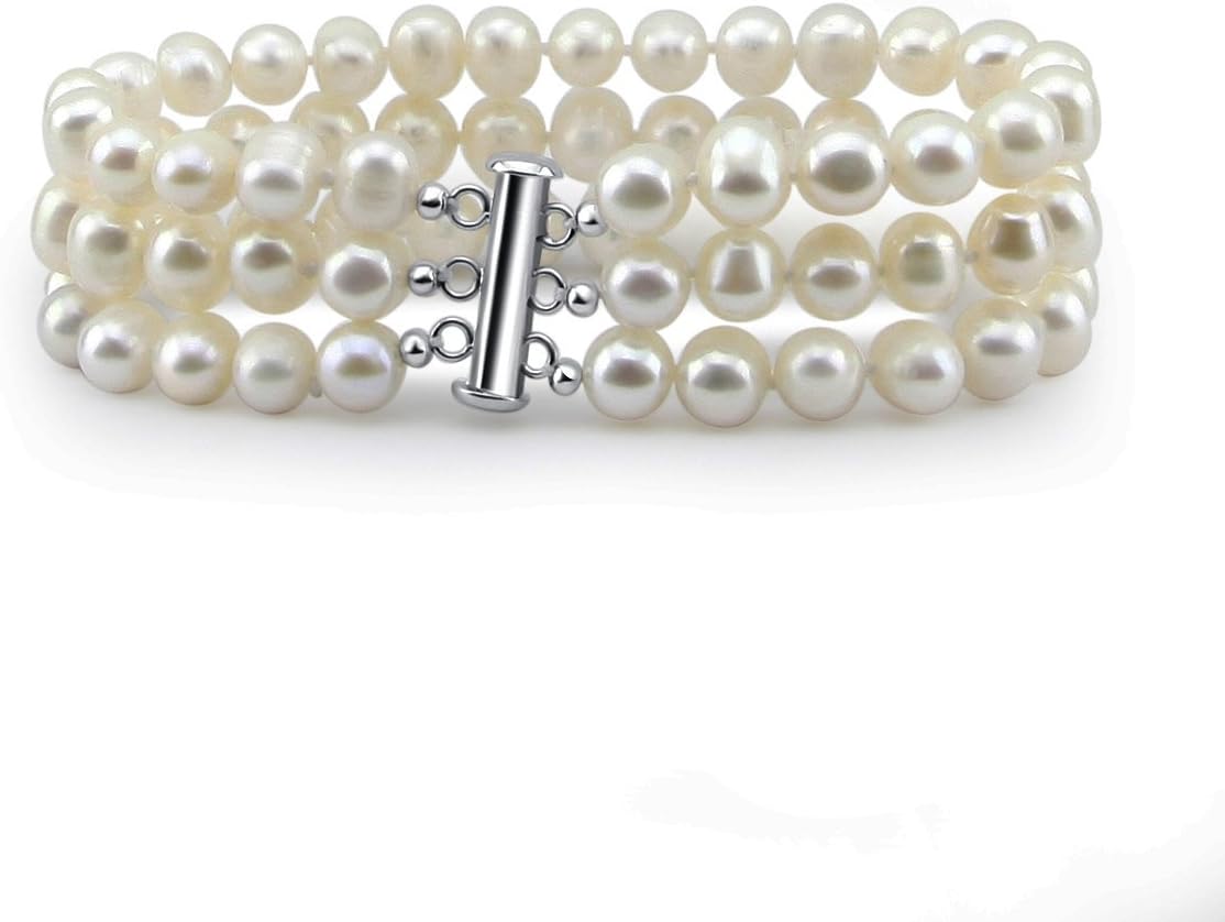 3-Row White A Grade 6.5-7mm Freshwater Cultured Pearl Bracelet 7"