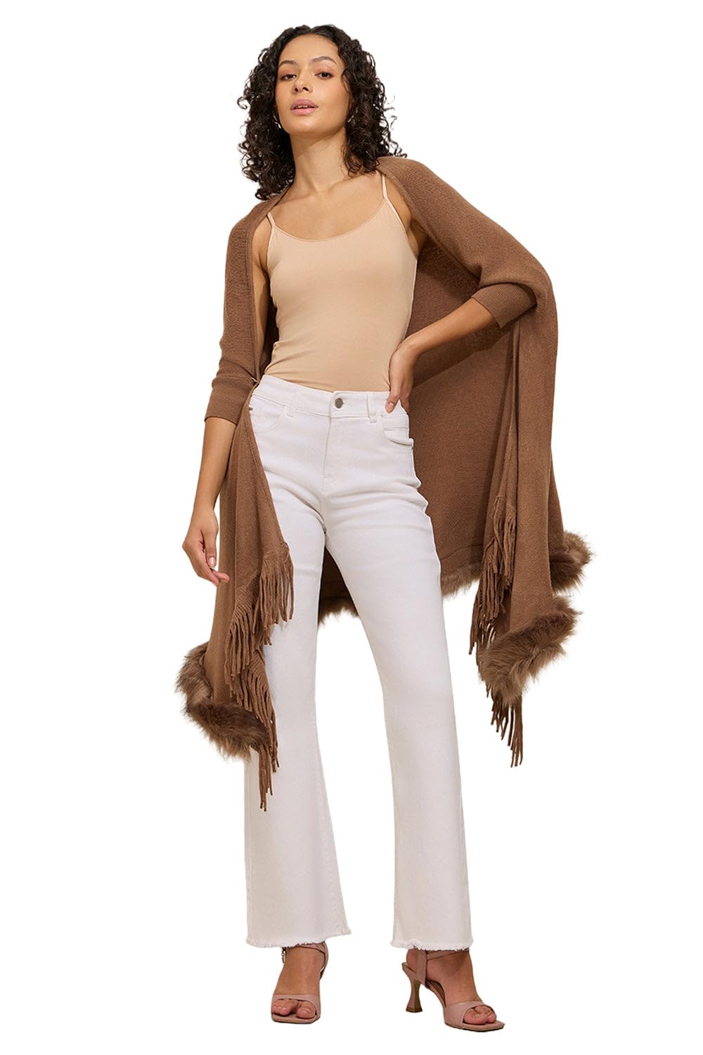 Women's Brown Faux Fur Trim Open Front Poncho with Fringe Detailing-CHN-034_Brown-image-42