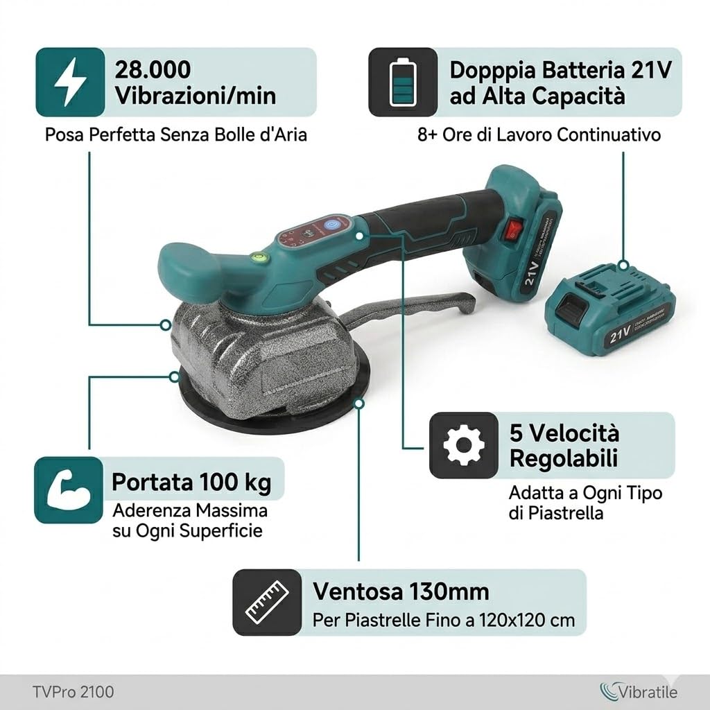 Piastrellatrice Vibrante per Piastrelle — Ventosa Elettrica Professionale 28.000 Vib/min, 5 Velocità, Portata 100 kg, 2 Batterie Litio, Livella Integrata — Kit Completo Dealix per Pavimenti e Pareti