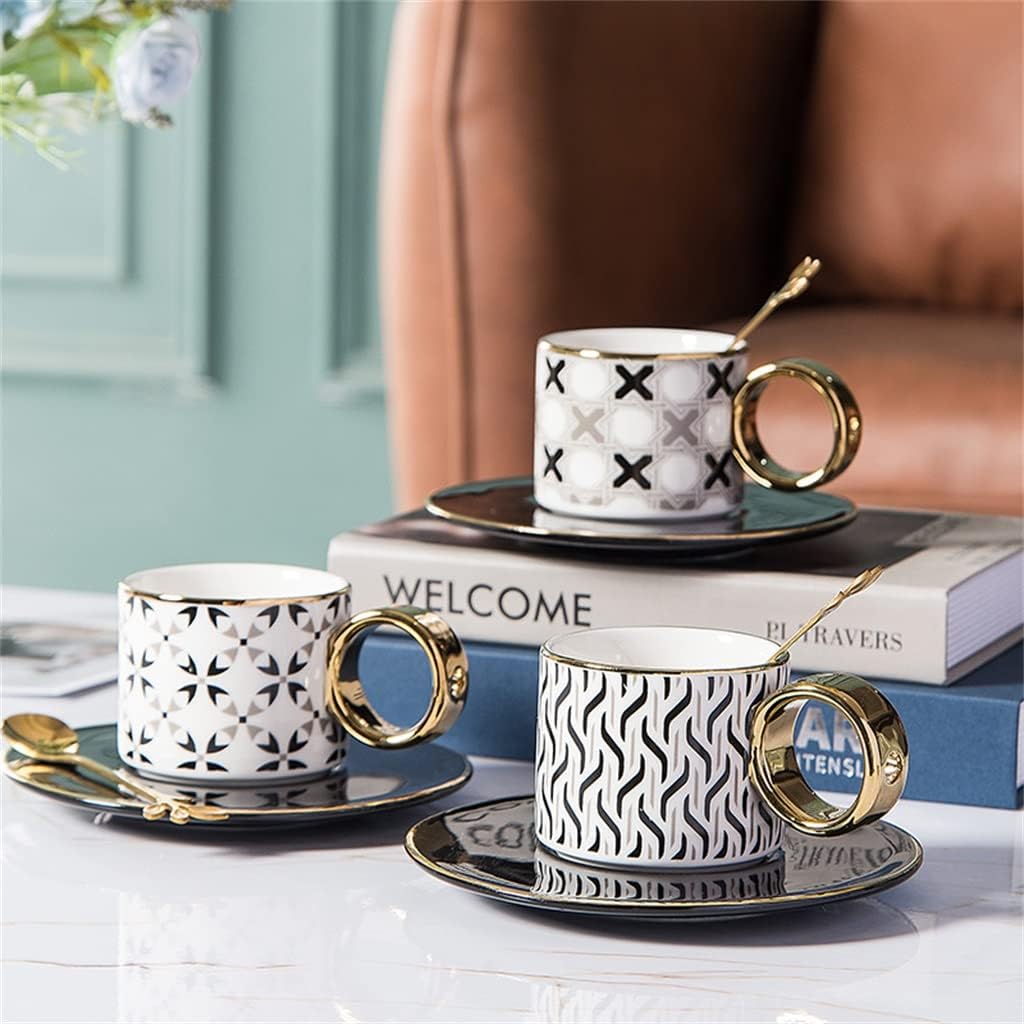 Hand Painted Geometric Ceramic Mugs With Gold Handle Handmade Cup And Saucer For Coffee Tea Milk Oatmeal Birthday Gift(D)