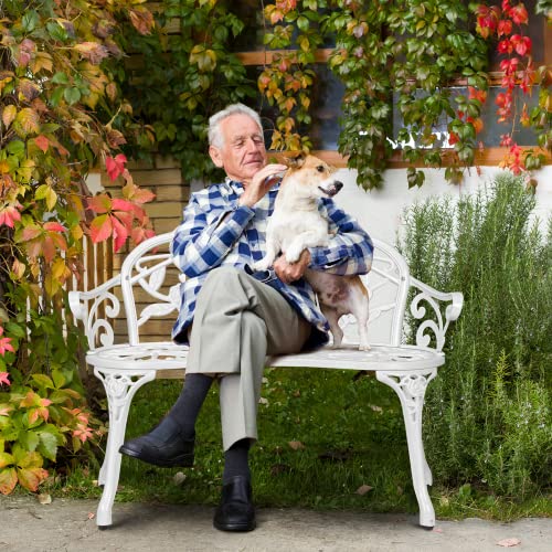 VINGLI 38.5" Patio Park Garden Outdoor Metal Rose Bench,Cast Iron Cast Aluminium Frame Antique Finish Chair,Accented Lawn Front Porch Path Yard Decor Deck Furniture for 2 Person Seat（White