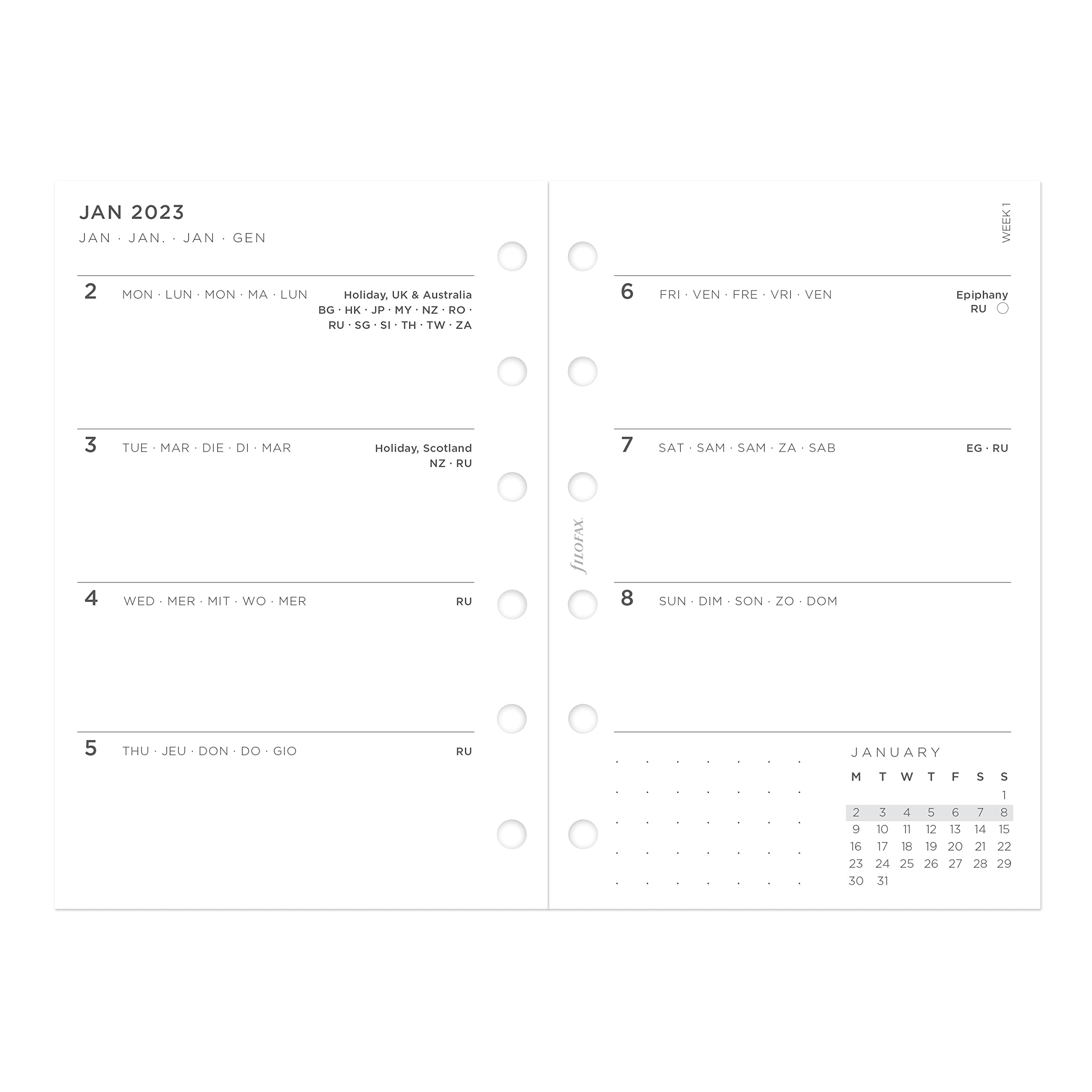 Filofax Agenda settimanale 2023, formato tascabile, con sei anelli, formato tascabile, con visualizzazione settimanale, multilingue (C022644-23)