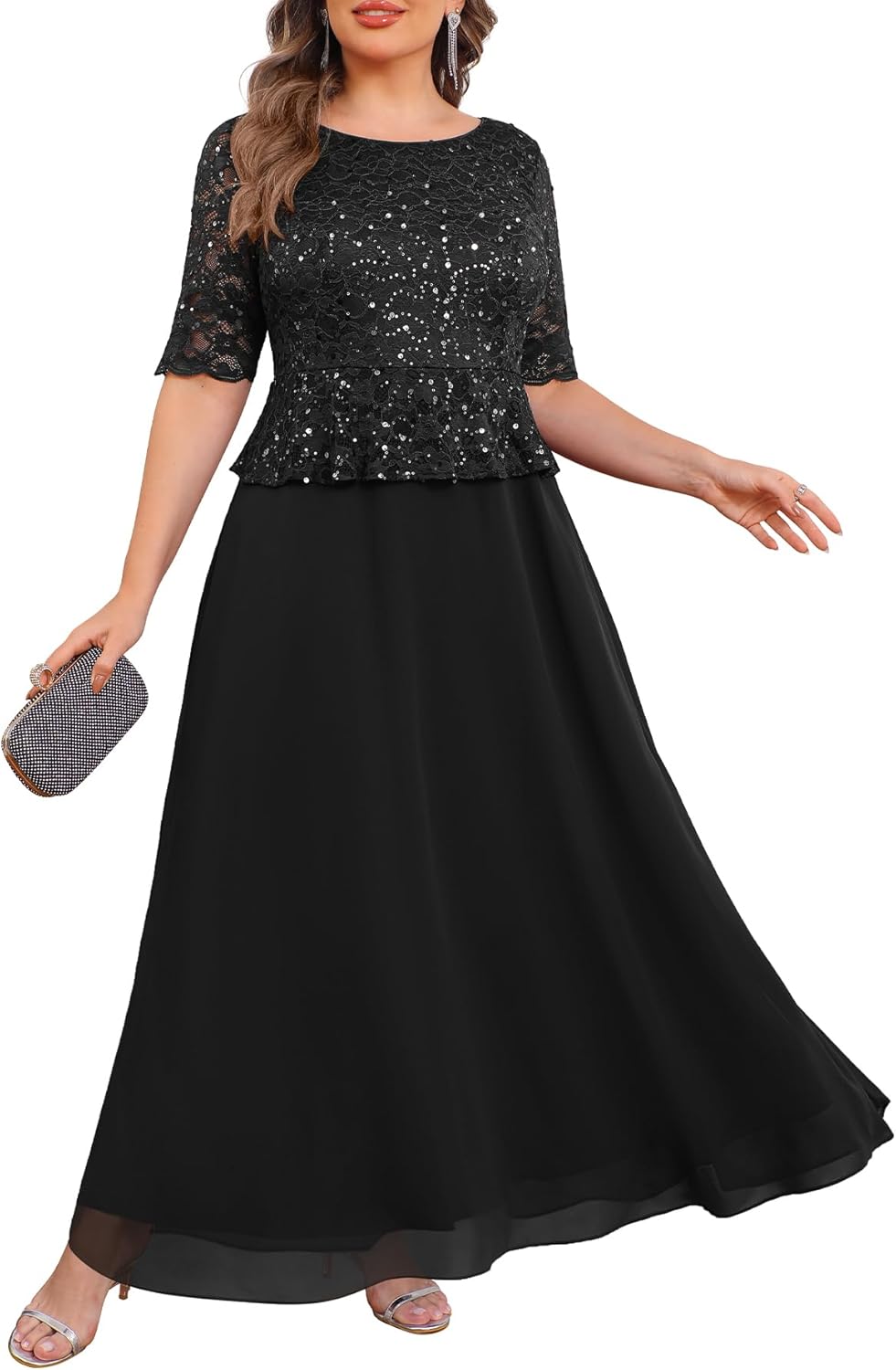 Plus Size Formal Dresses - Mother of The Bride Evening Gowns Wedding Guest Sequin Lace Bodice Long Dress Women