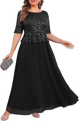 Plus Size Formal Dresses - Mother of The Bride Evening Gowns Wedding Guest Sequin Lace Bodice Long Dress Women