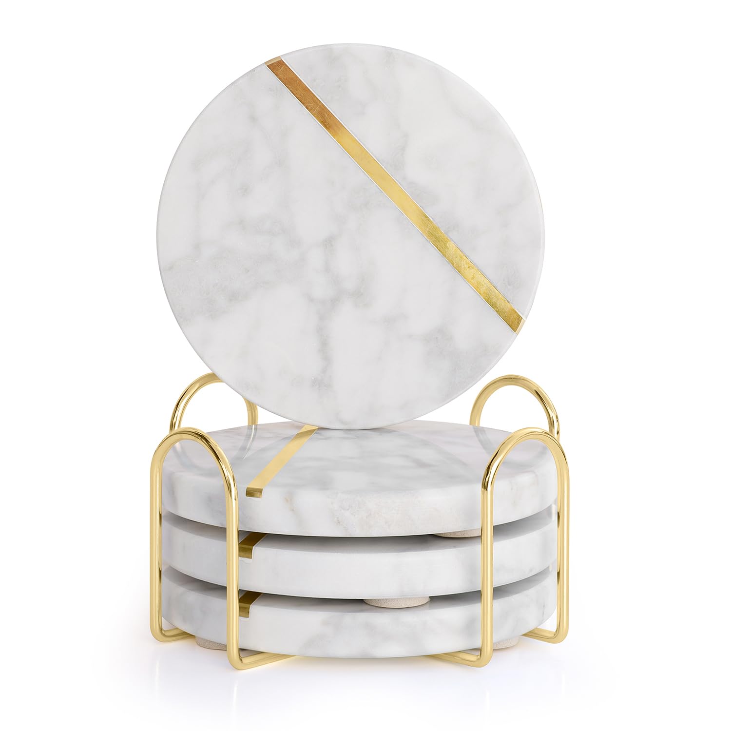 Schön Haus Natural White Polished Marble Coasters with Brass Inlay - Includes Gold Colored Metal Stand/Holder - Non Slip Felt Padded - Sealed and
