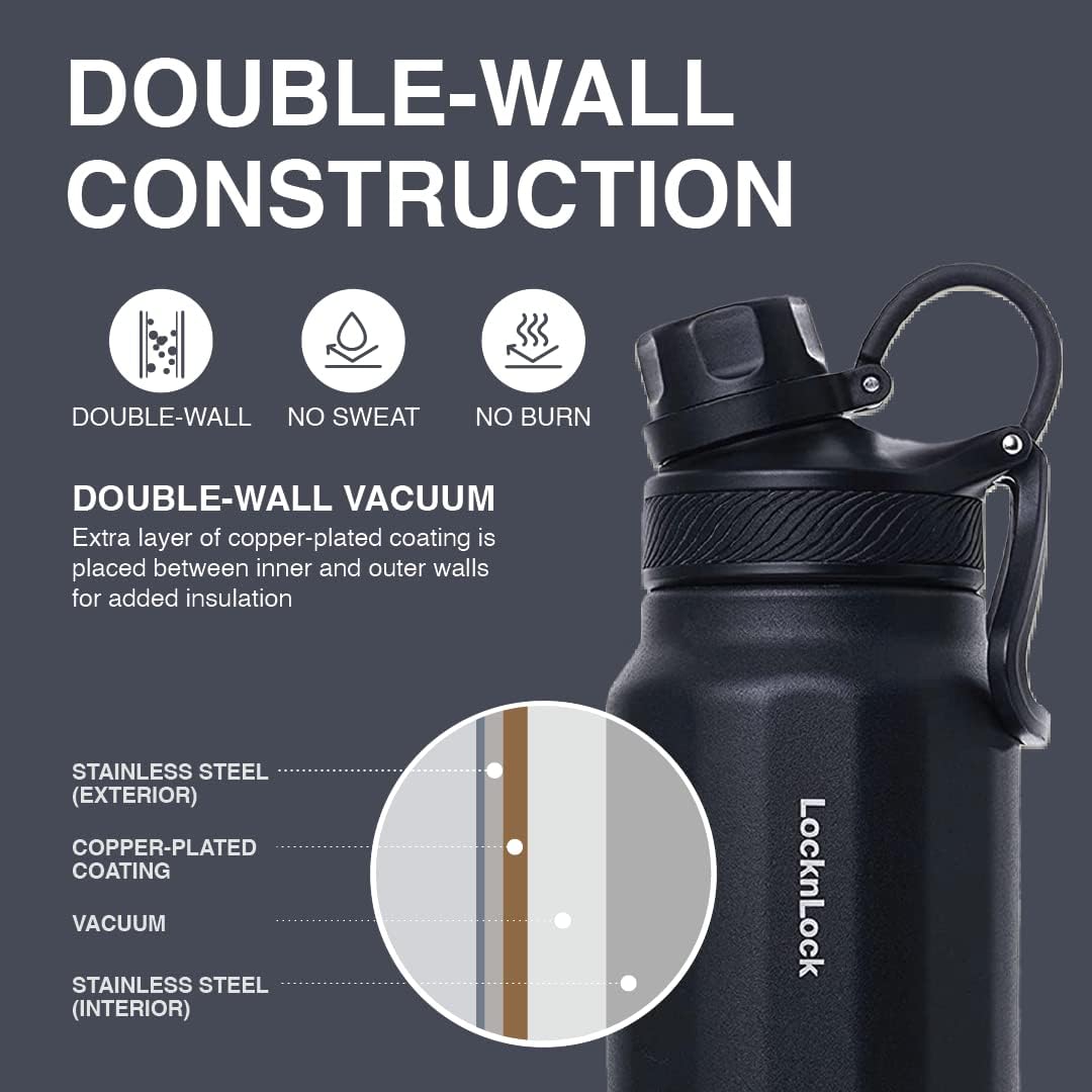LocknLock Trek Bottle Stainless Steel Double Wall Insulated, 32 oz, Black
