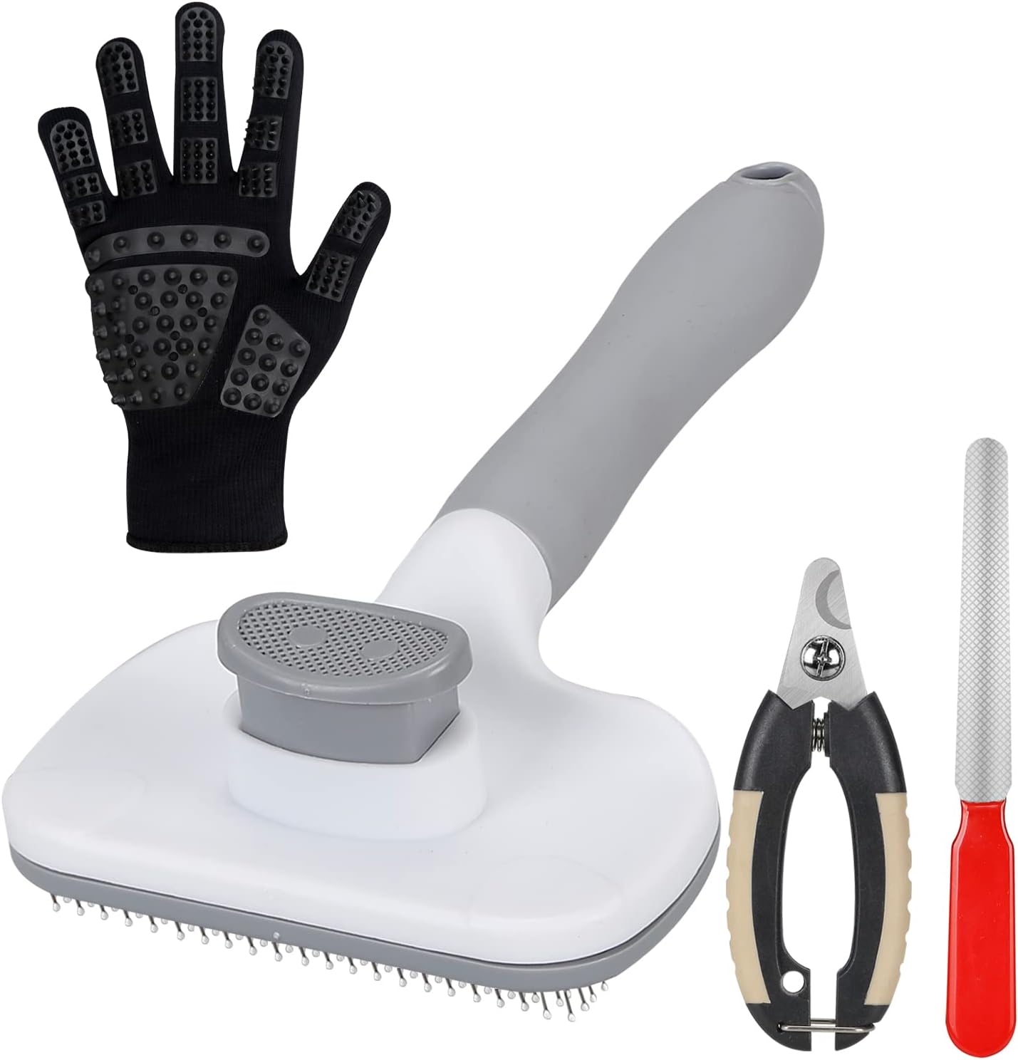 FoxBeam 4-in-1 Pet Self Cleaning Slicker PAIN-FREE set, Hair Remover Brush | Grooming Glove + Paw Nail Clippers Claws File for Both Long…