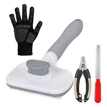 FoxBeam Professional Pet Grooming Kit, Self Cleaning Slicker Brush with Pet Grooming Glove and Pet Nail Clippers for Dogs & Cats With All Hair Types