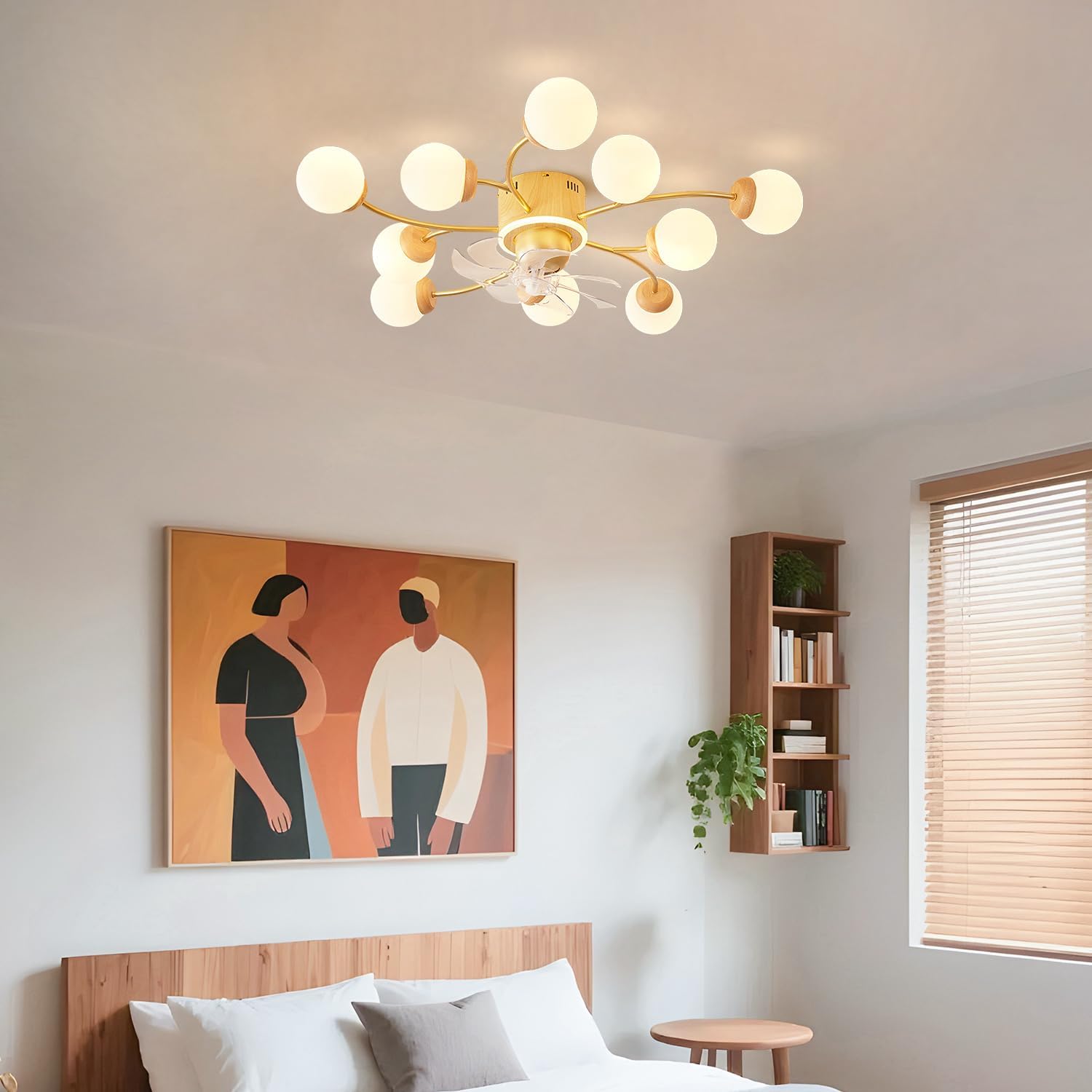 Flush Mount Ceiling Fan with Lights Farmhouse Ceiling Fan Chandelier 10-Light Modern Globe Glass Fandelier 360° Rotating Ceiling Fan with Lights and Remote 6 Wind Speeds, Natural Wood