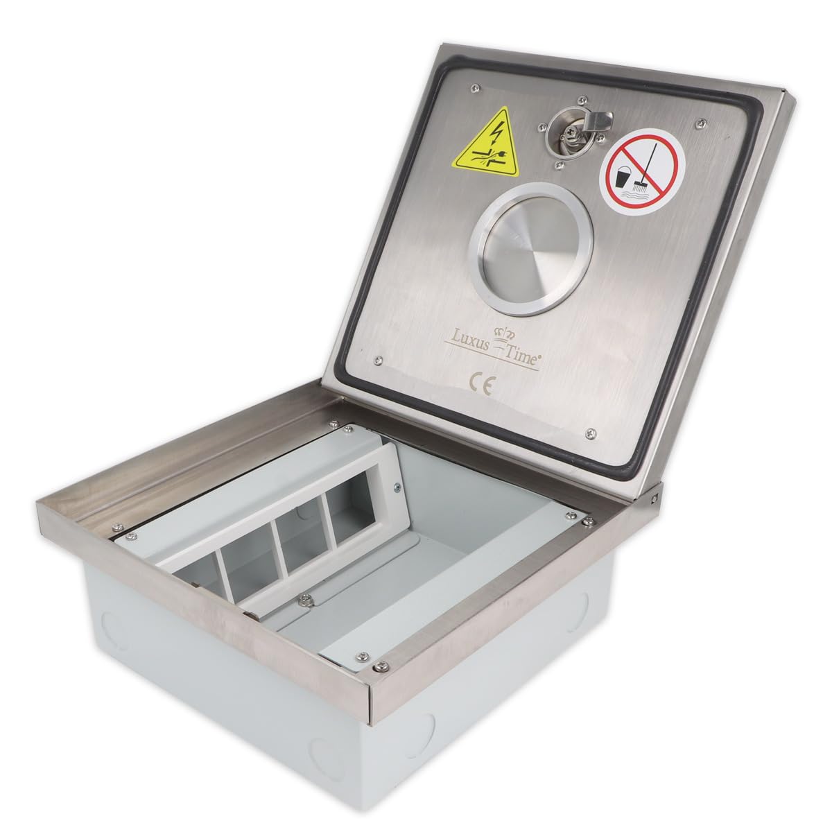 Edelstahl Bodentank mit verschließbarem Klappdeckel mit Tubus Kabelauslass Bodensteckdose IP54 individuell bestückbar Platz für 8 bzw. 16 Module