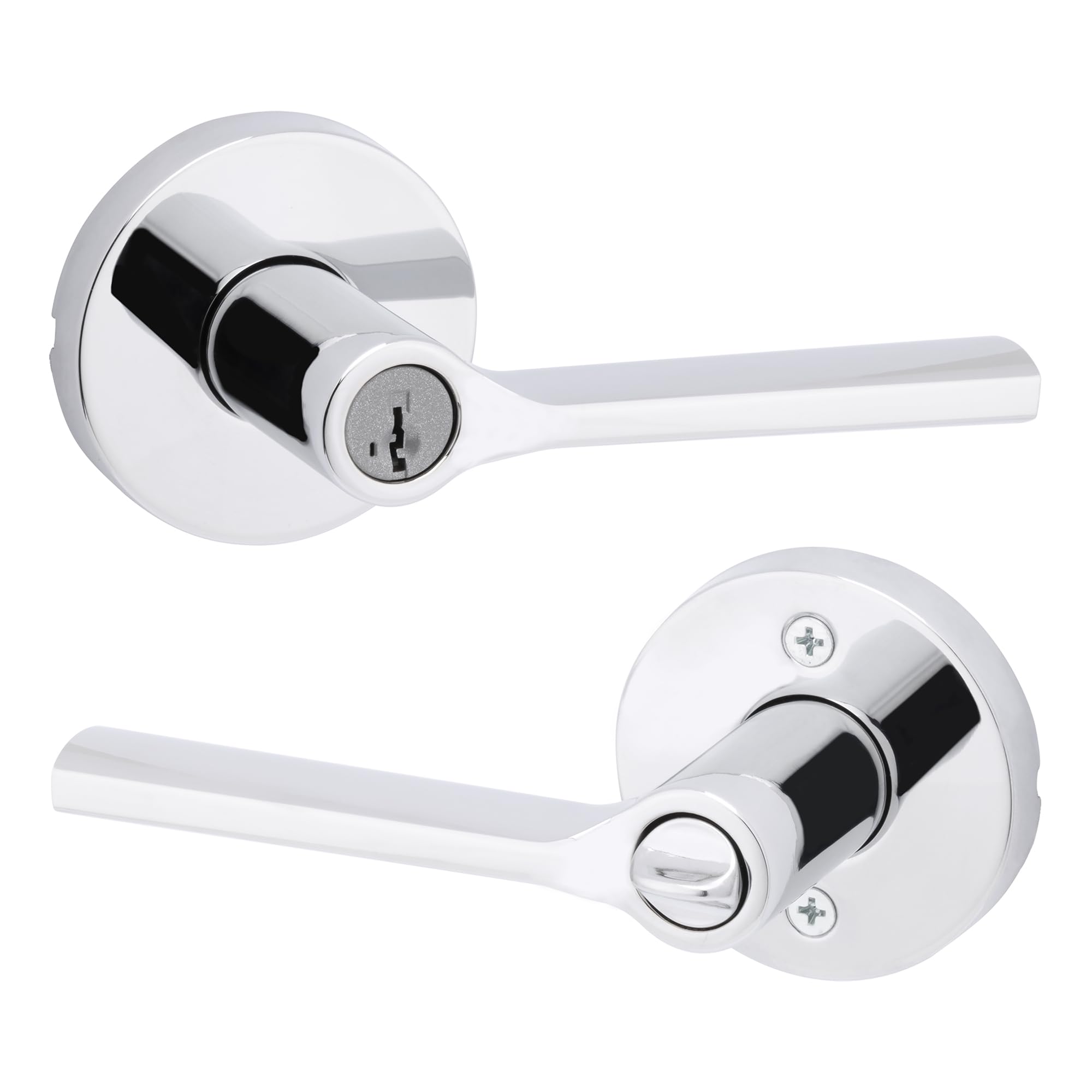 Kwikset Lisbon - Pomo redondo para puerta de entrada con cerradura y llave, manija segura con llave exterior, entrada frontal y dormitorio, cromo pulido, resistente a las púas SmartKey Rekey Security