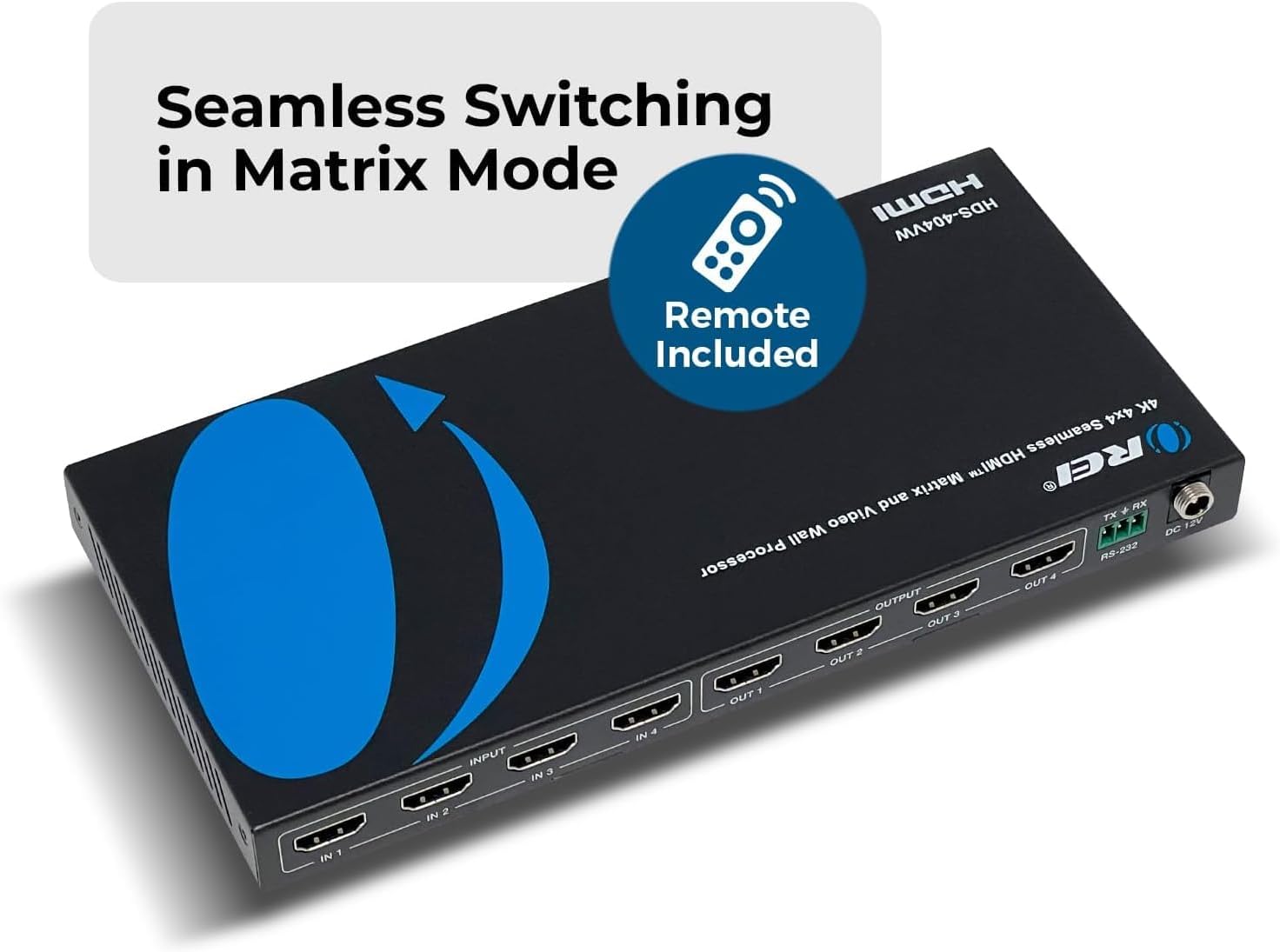 OREI 4K 4x4 Seamless HDMI Matrix Switch 1080P Video Wall Controller Processor Upto 4K 30hz 4:2:0-180 Degree Rotation via RS-232, Bezel, HDCP 1.4, UltraHD 2x2, 1x4, 1x2, 4x1 Remote Control(HDS-404VW)