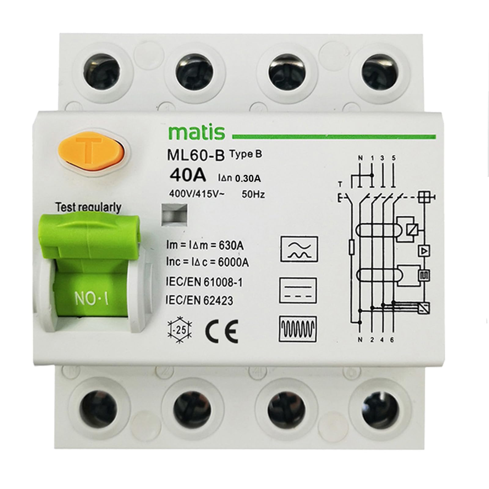 Interruptor de circuito FI para cuadro electrico, 40 A, 300 mA, 4 polos, tipo B