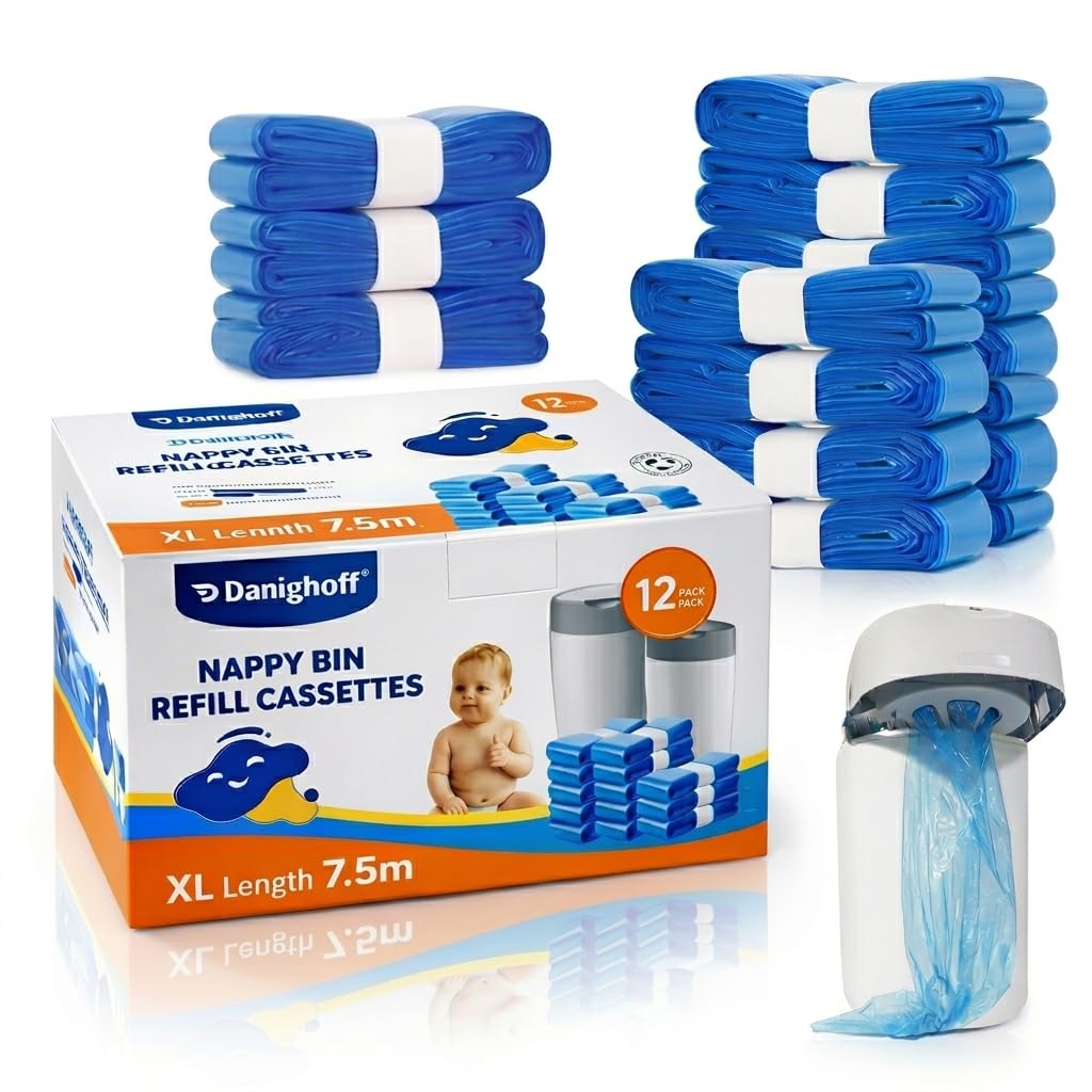 Nappy Bin Refills, 7.5m Extra-Long Diaper Pail Bags Compatible with Tommee Tippee Twist & Click and Sangenic TEC Bins, Multi-Layer Odour-Blocking Refill Liners for Nappy Disposal (12Packs)