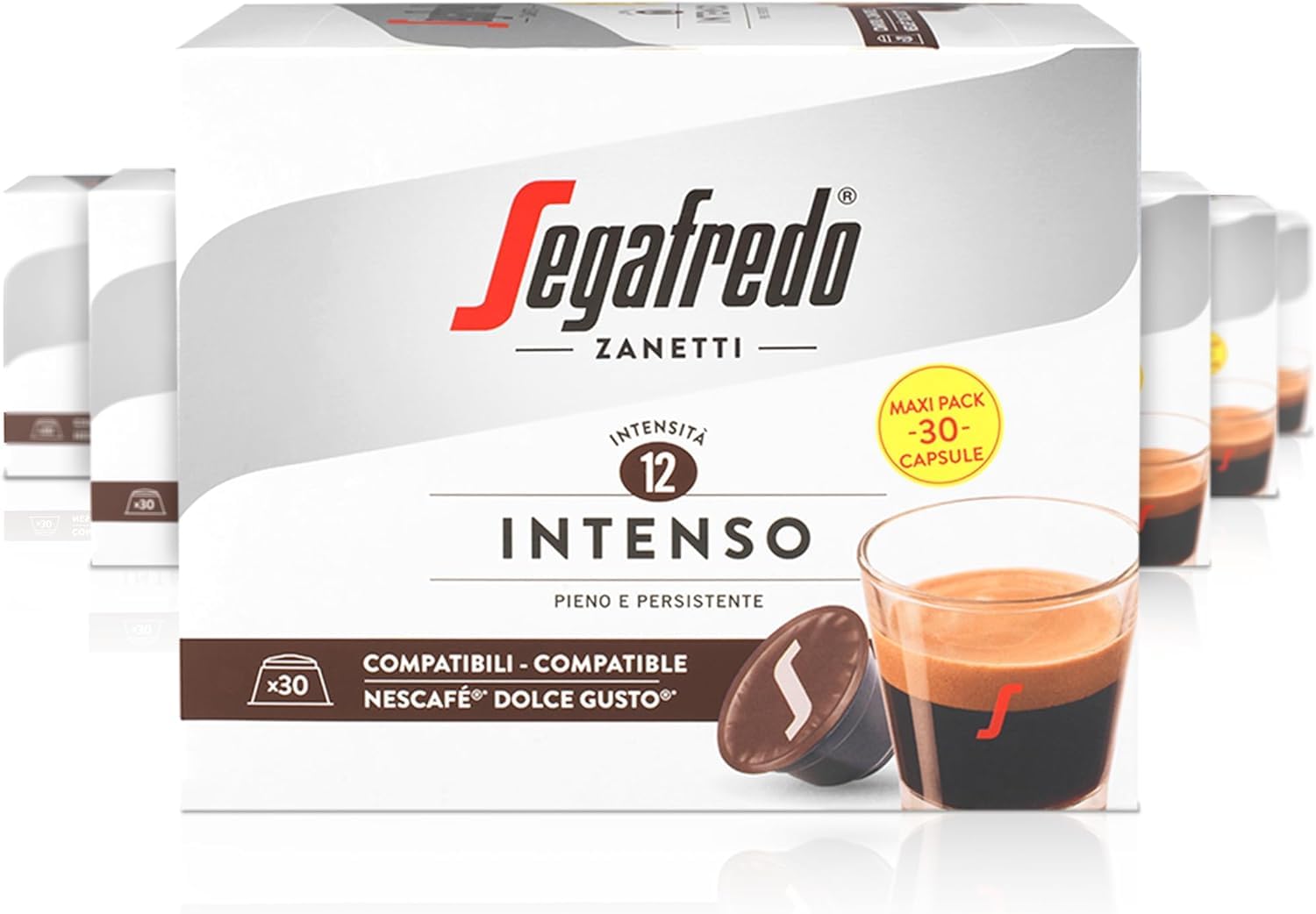 Segafredo Zanetti 180 Intenso Coffee Capsules Compatible with Dolce Gusto by Nescafé - Intense Flavor, Dark Roast (6 Boxes of 30 Capsules Each)