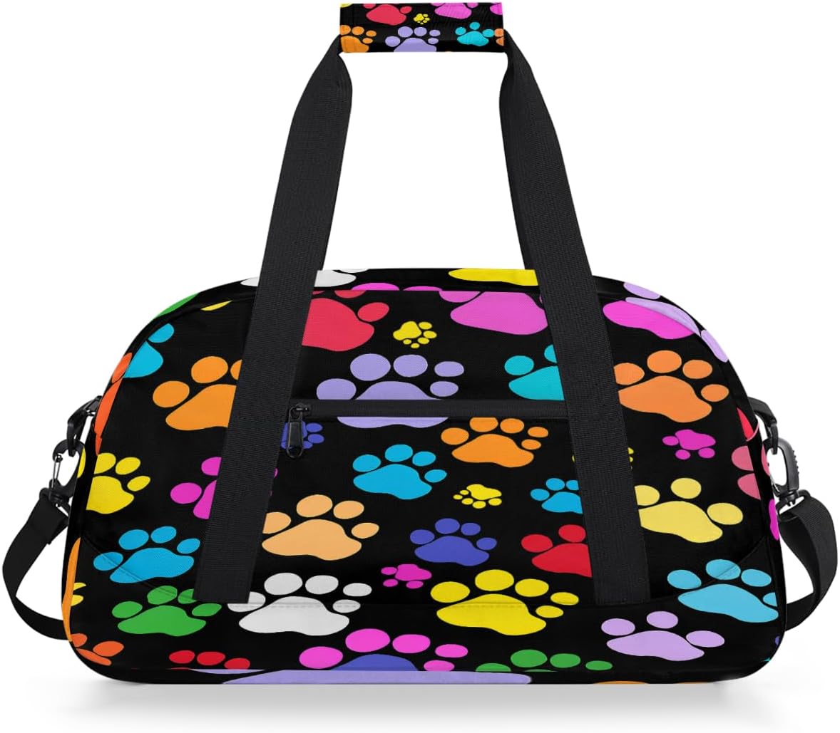 Kids Duffle Bag for Girls Colorful Dog Paw Print Pattern Gym Dance Bag Small Travel Bag Foldable Lightweight Carry on Weekender Overnight Bags with Shoulder Strap