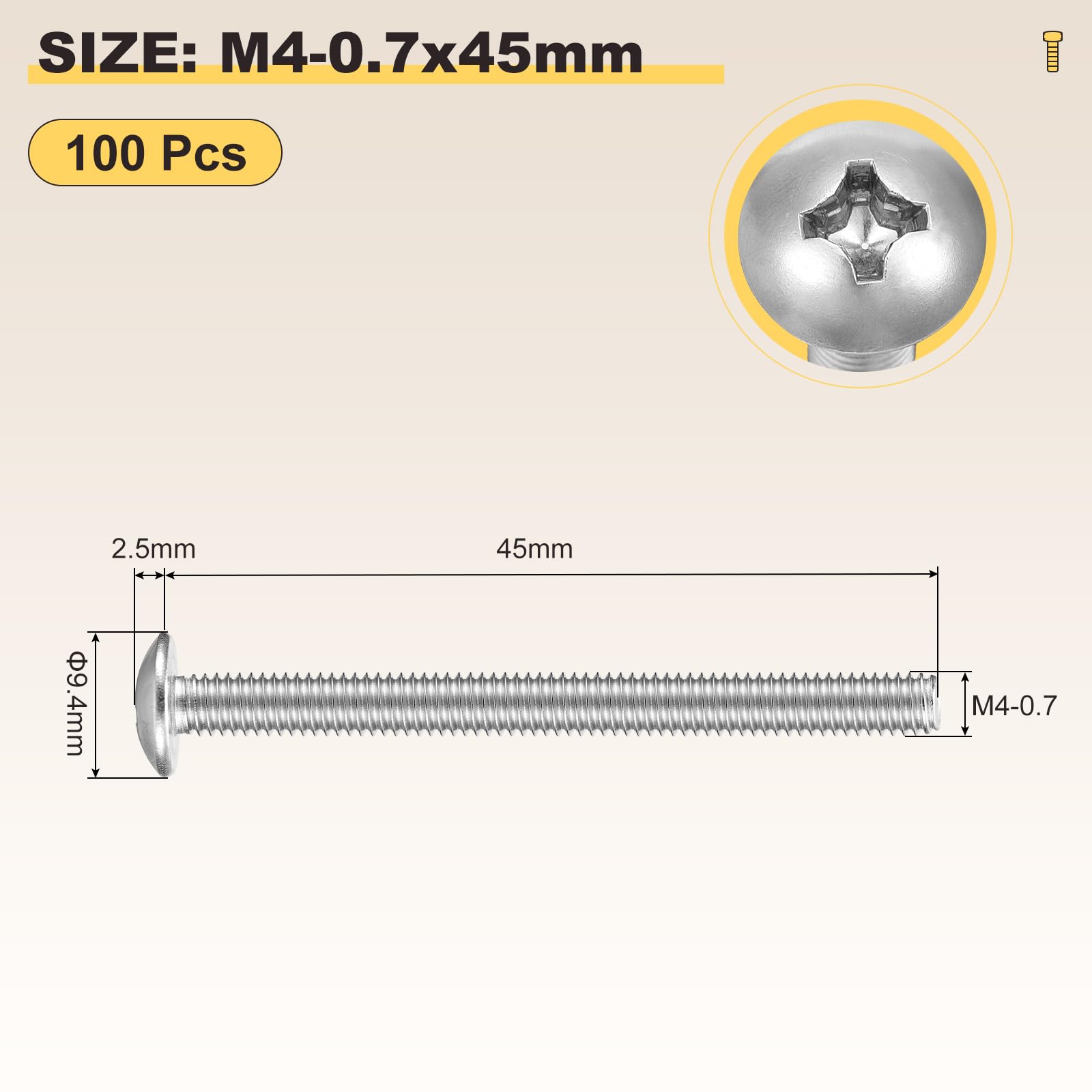 METALLIXITY Machine Screws Phillips Head(M4-0.7x45) 100Pcs, 304 Stainless Steel Round Head Phillips Drive Furniture Bolts - Image 2